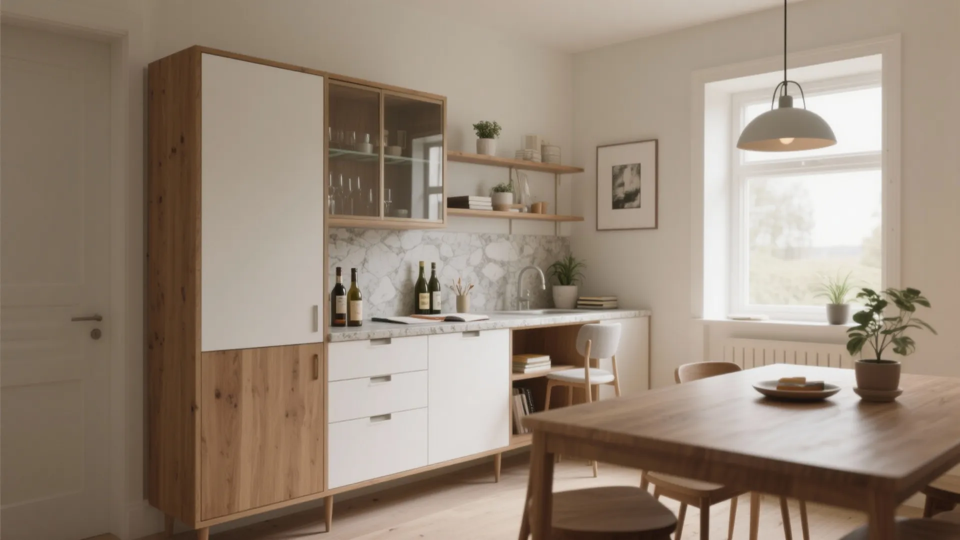 Tall wooden cabinet with white doors and glass shelves next to a simple dining table