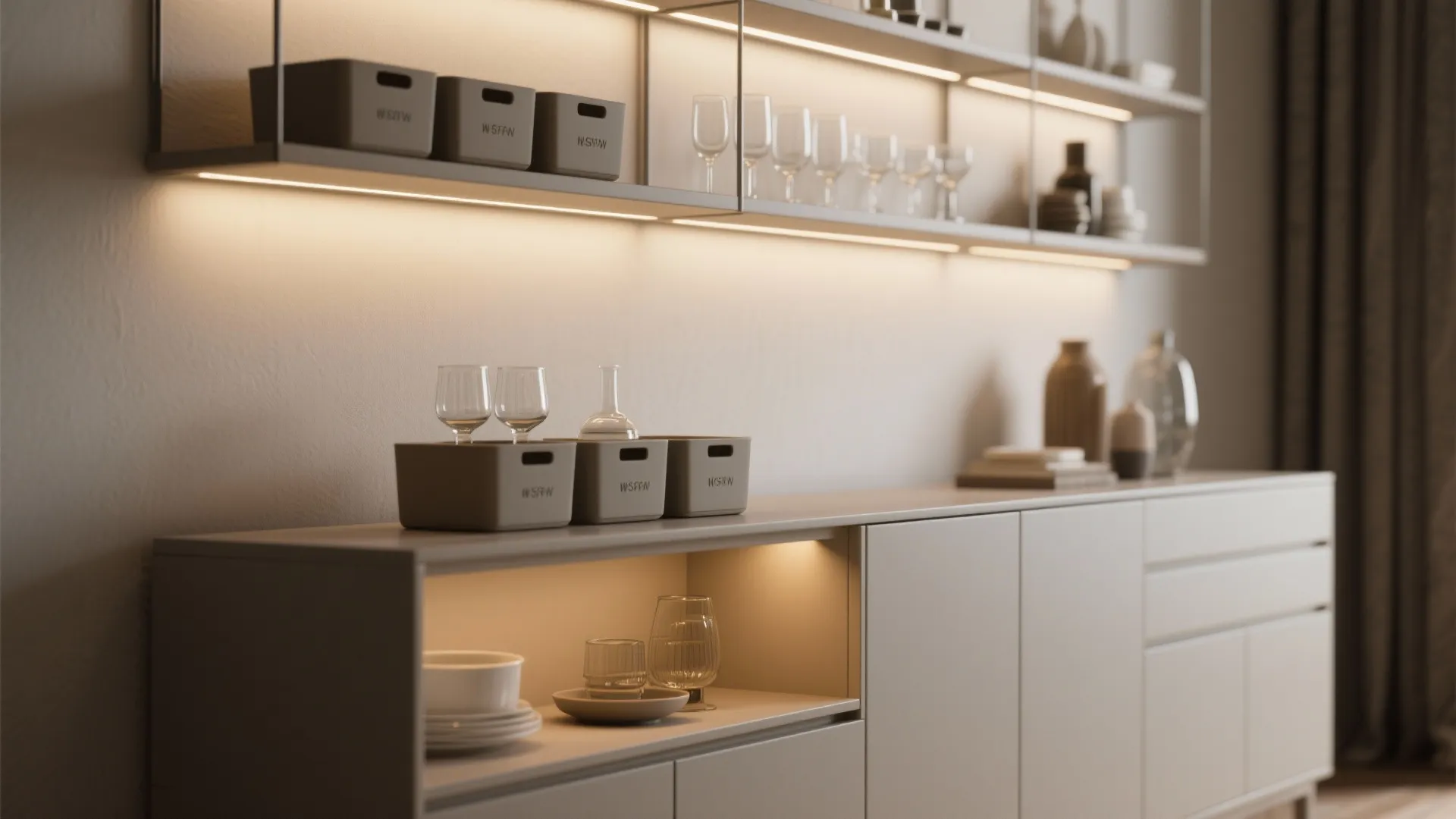 Modern grey dining room cabinet with built-in warm lighting and organized storage boxes and glassware