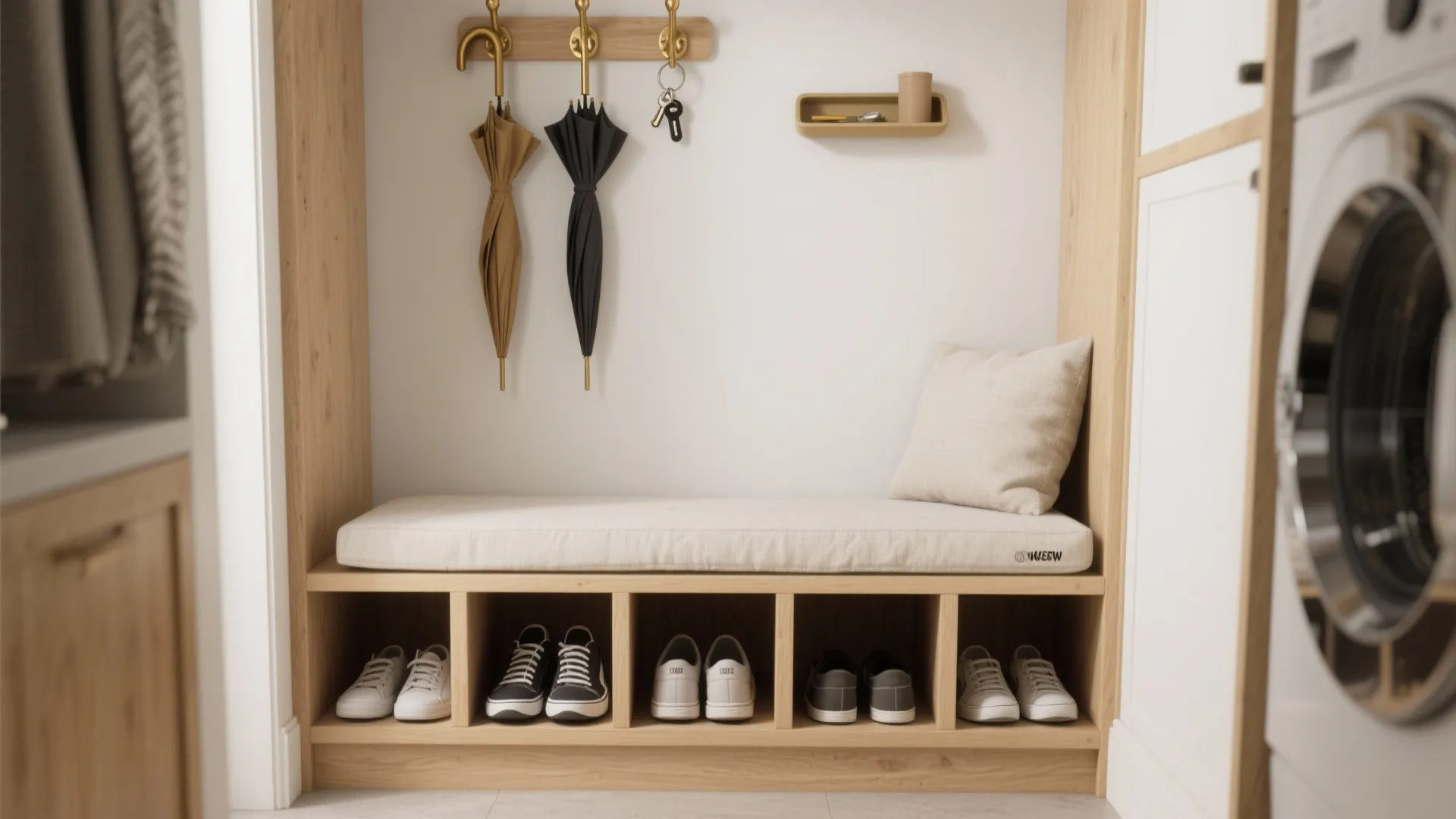 Wooden entryway bench with white cushion shoe storage cubbies wall hooks umbrellas and small storage shelf