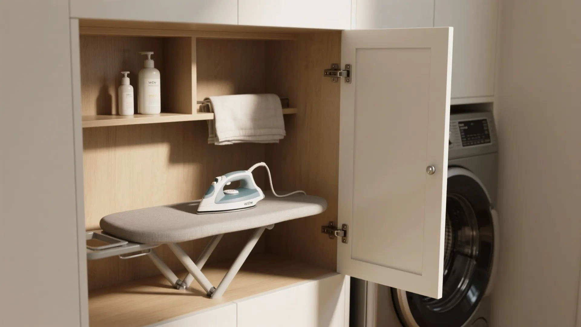 4. Slim Built-In Cabinets and Fold-Down Ironing Board