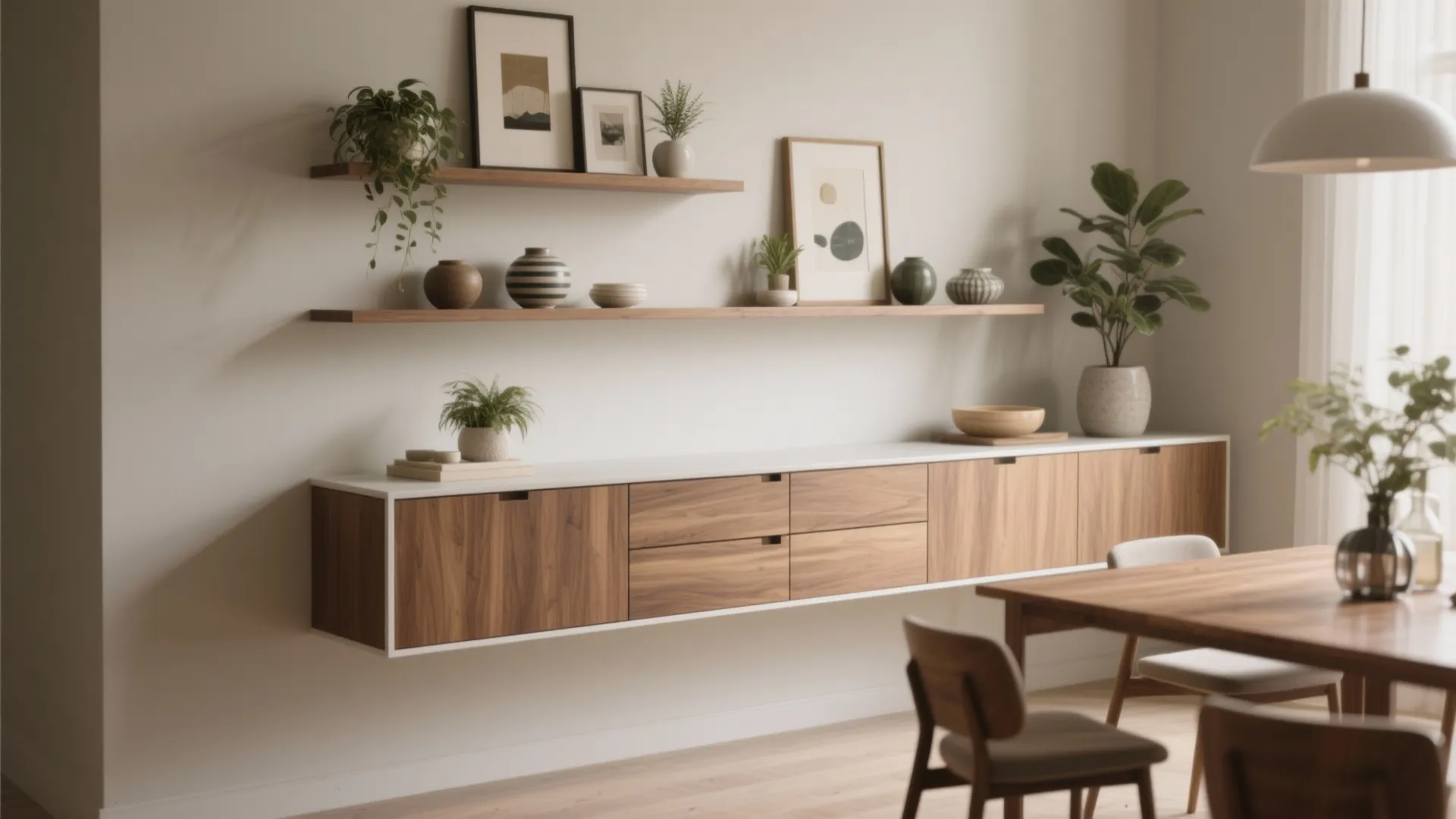 1. Slim Built-in Buffet with Floating Shelves