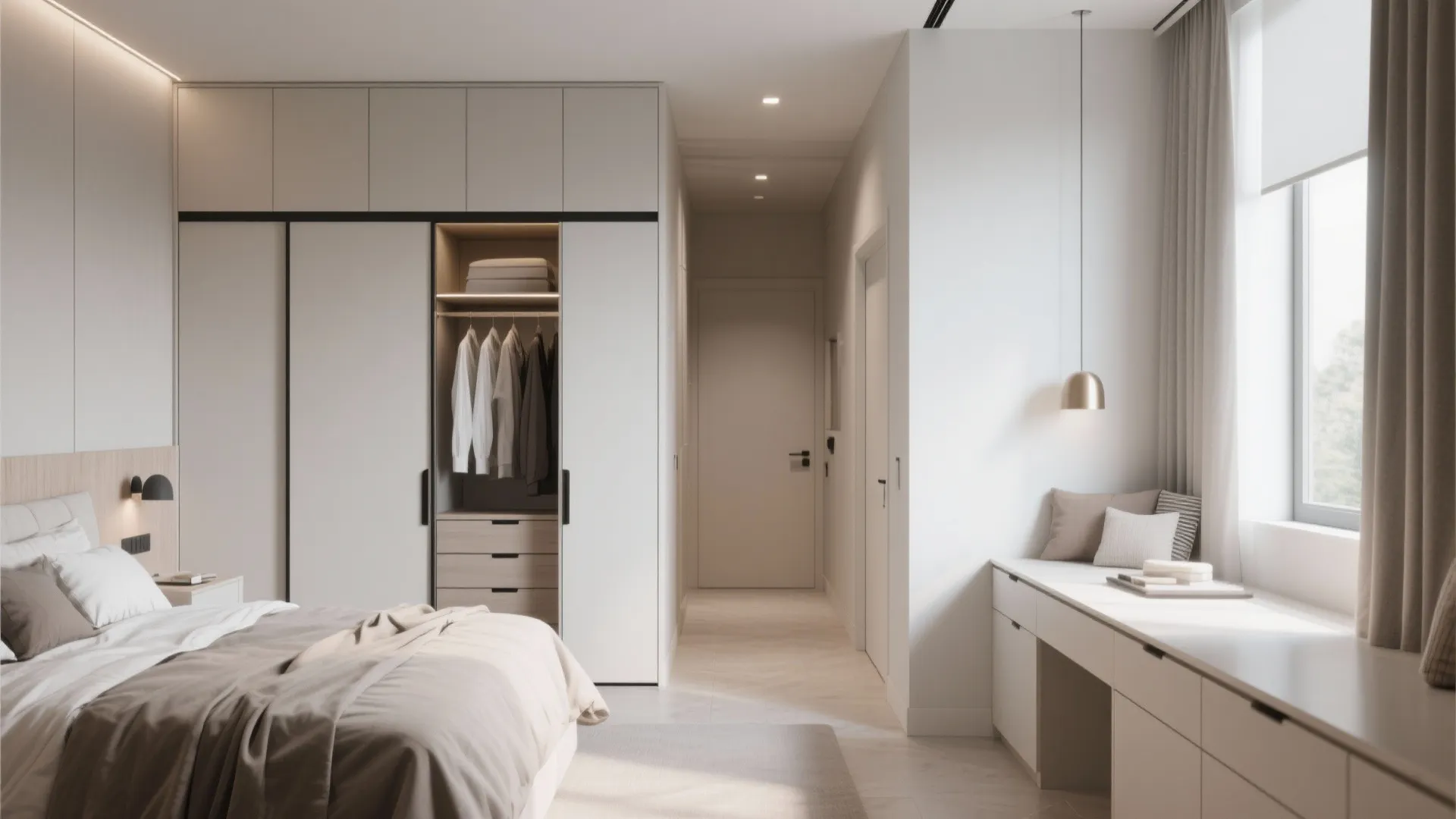 Minimalist white bedroom interior with built-in cabinet, hanging clothes, long desk, window, and neutral tones