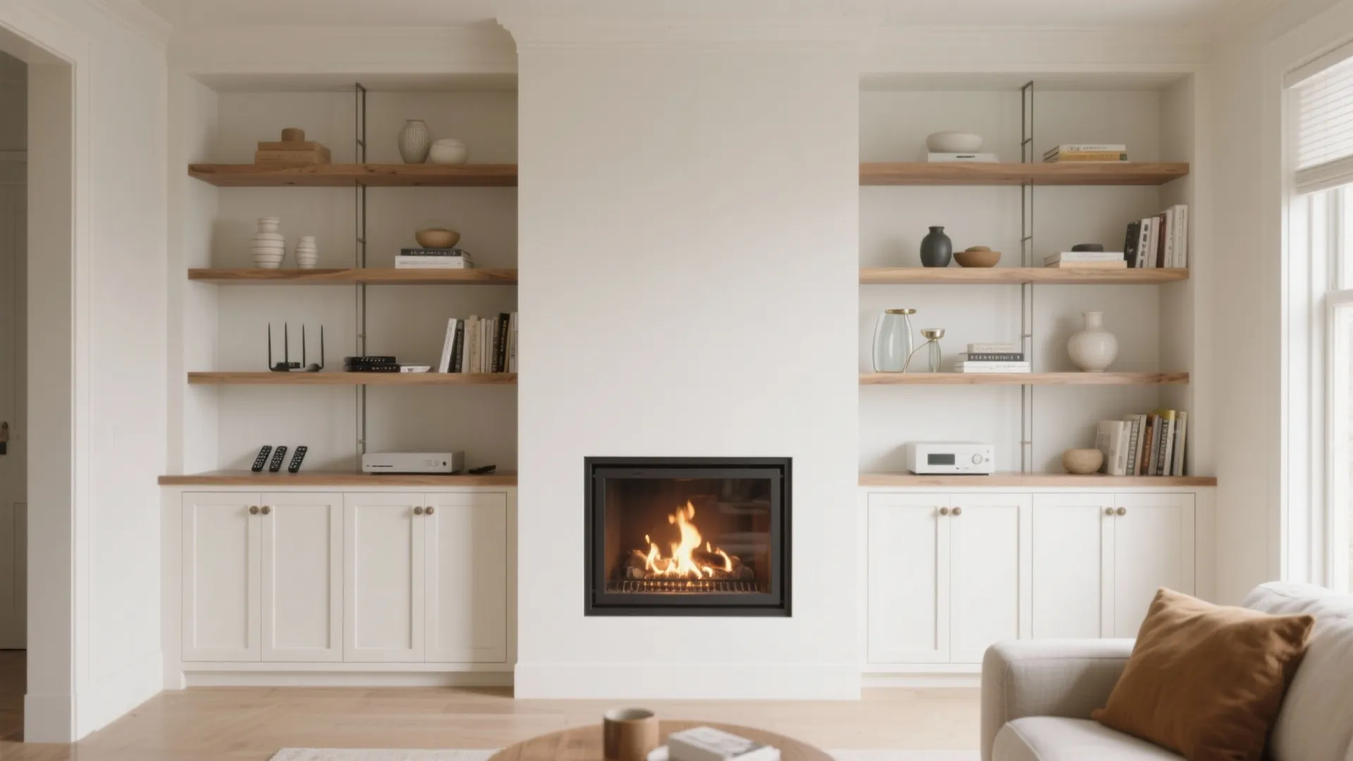 Slim built-ins and hidden storage framing the firebox
