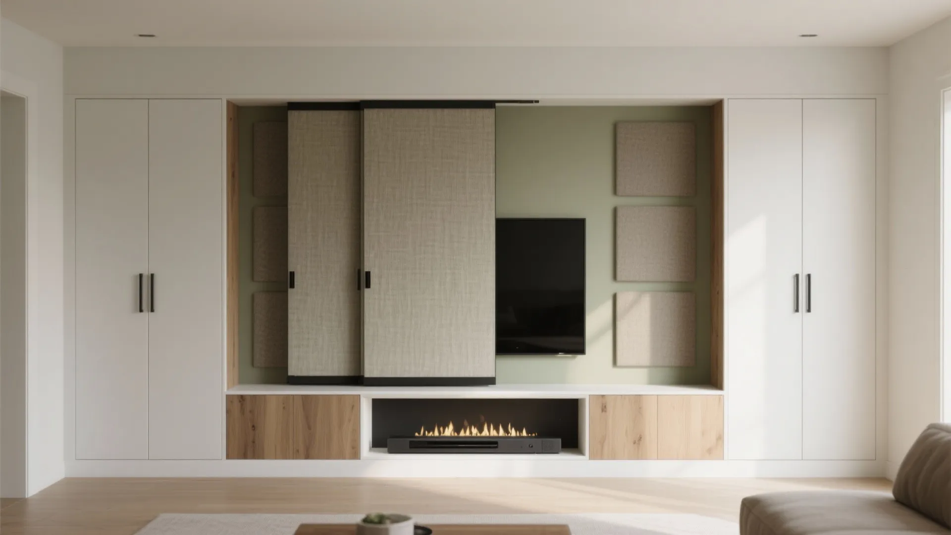 Slim built-ins and sliding panels for clutter-free walls
