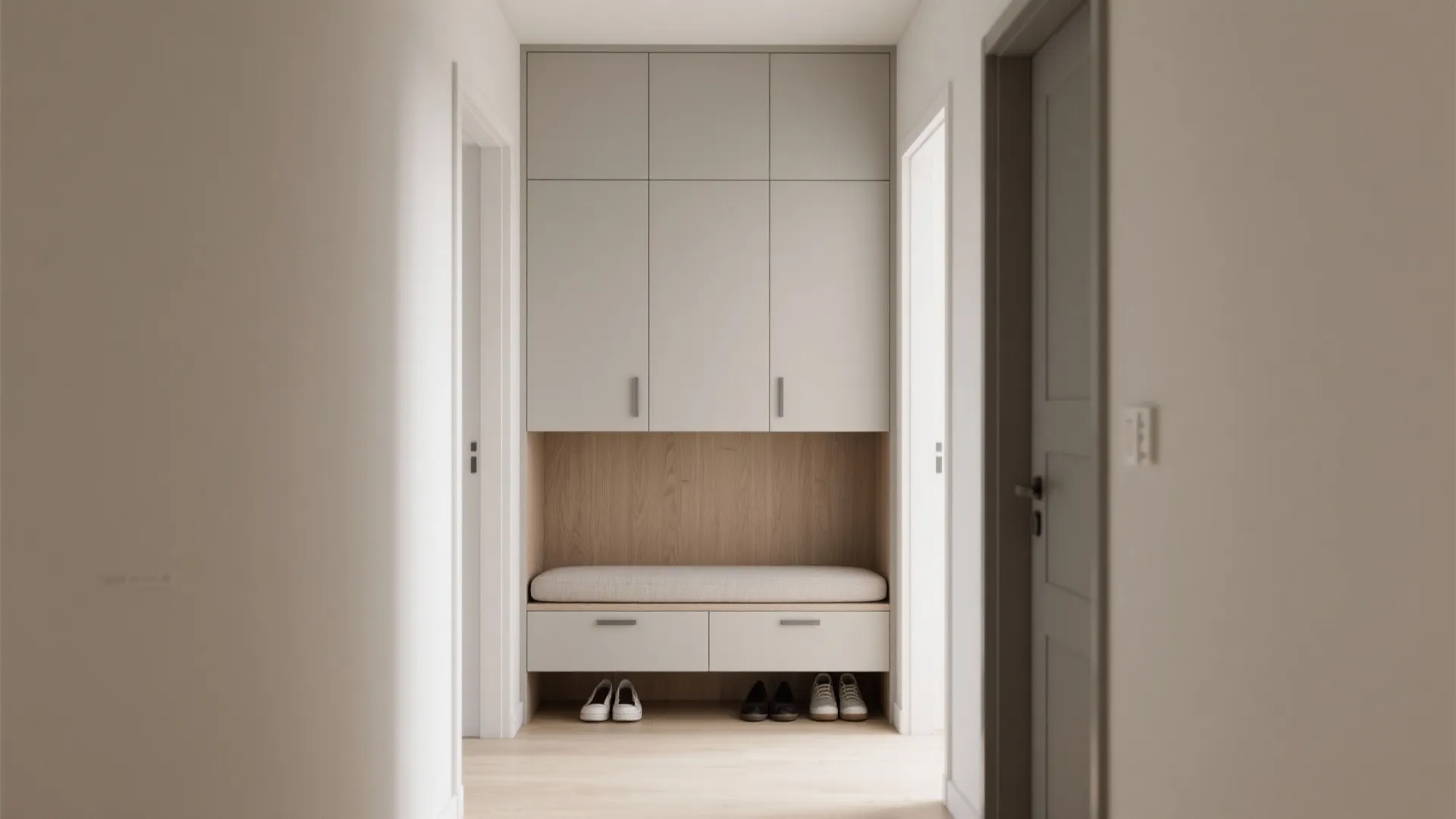 Slim built-ins with seating niche and shoe drawers