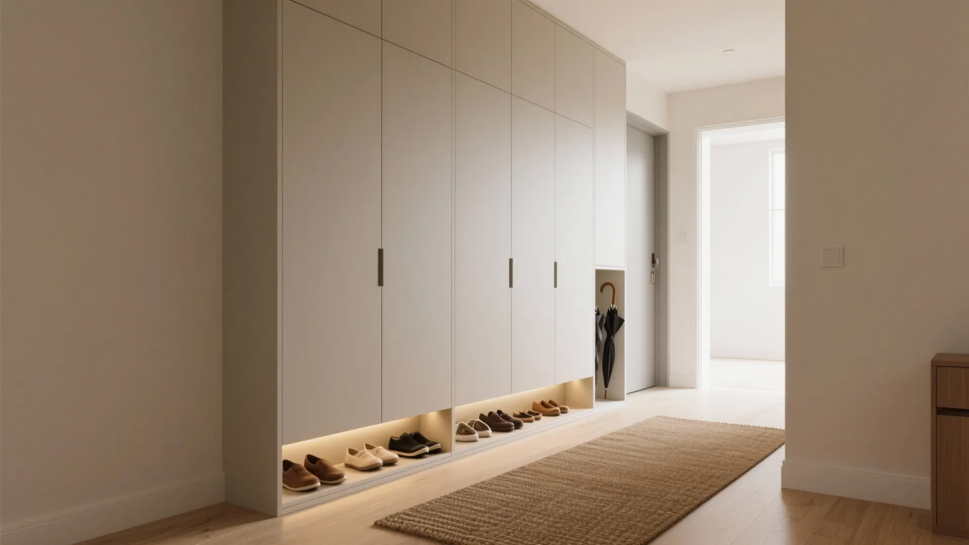 Minimalist white hallway cabinet with bottom shoe storage lighting brown floor rug and white door
