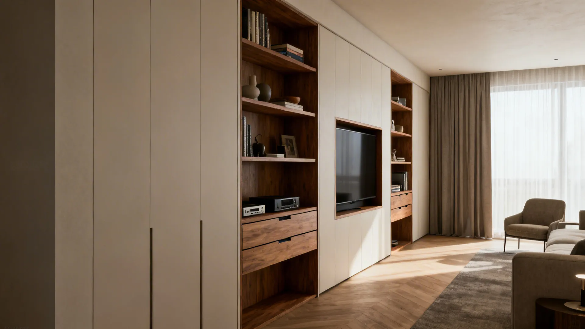 Large white storage cabinet with wood bookshelves and television in a modern bright living room