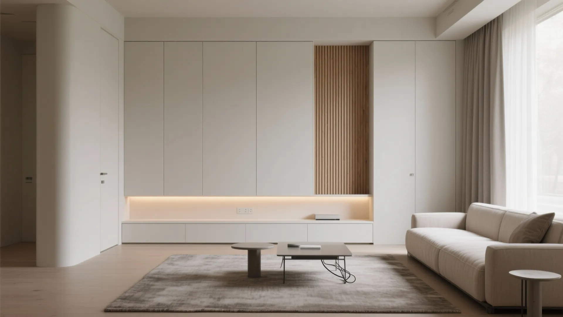 Minimalist living room with white wall panel wood accents cream sofa grey rug and tables
