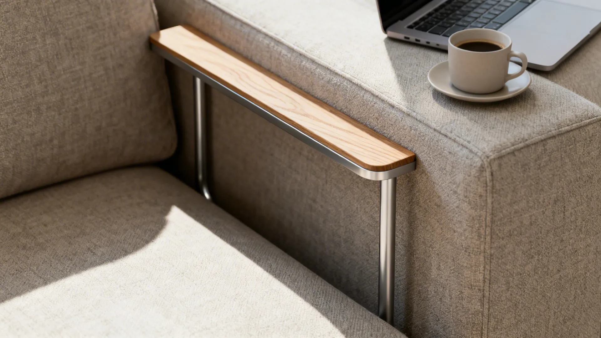 Wooden sofa armrest tray table holding a coffee cup next to a laptop in sunlight