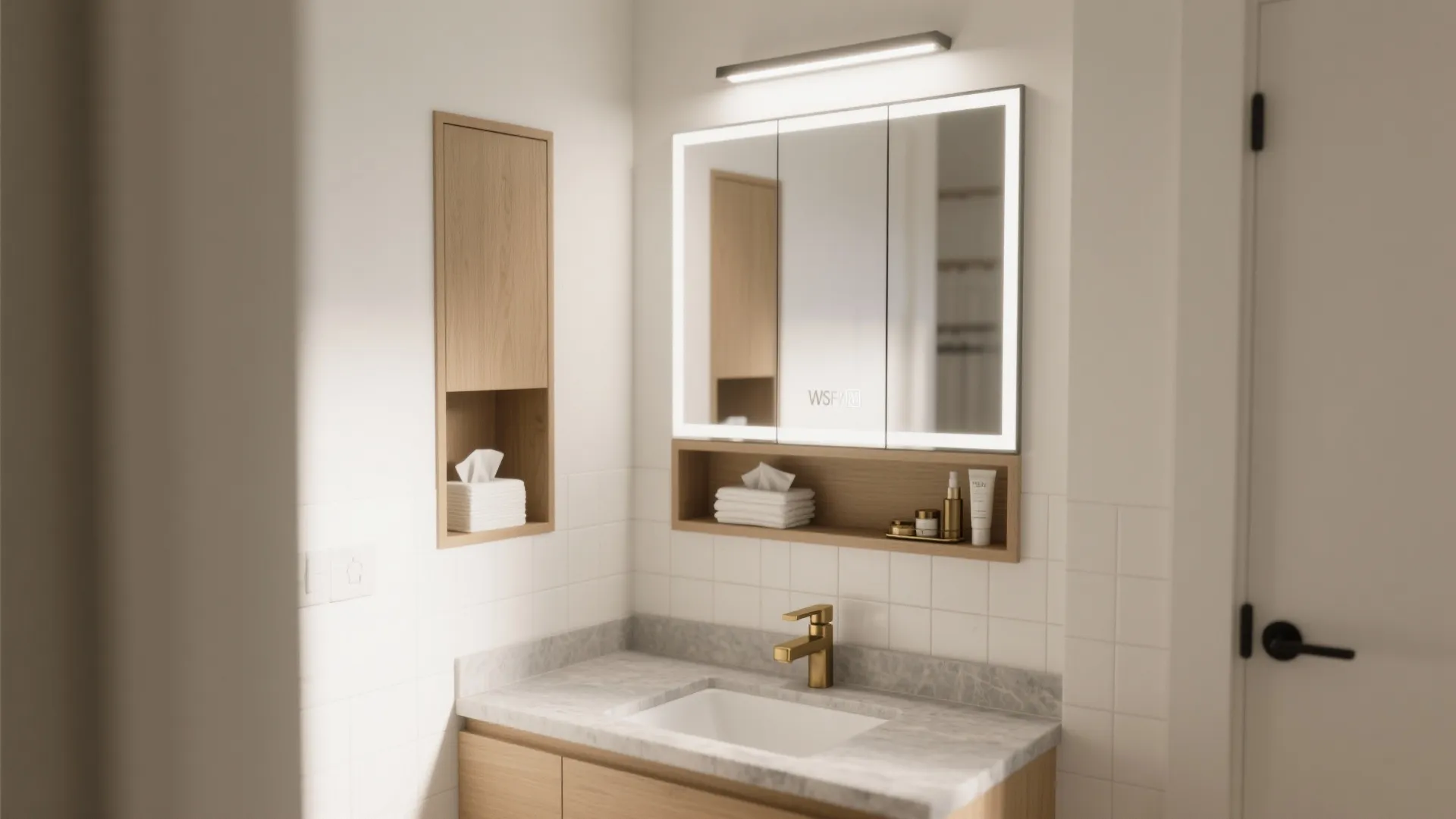 Modern bathroom with a marble sink, golden water tap, wooden cabinet, and glowing wall mirror