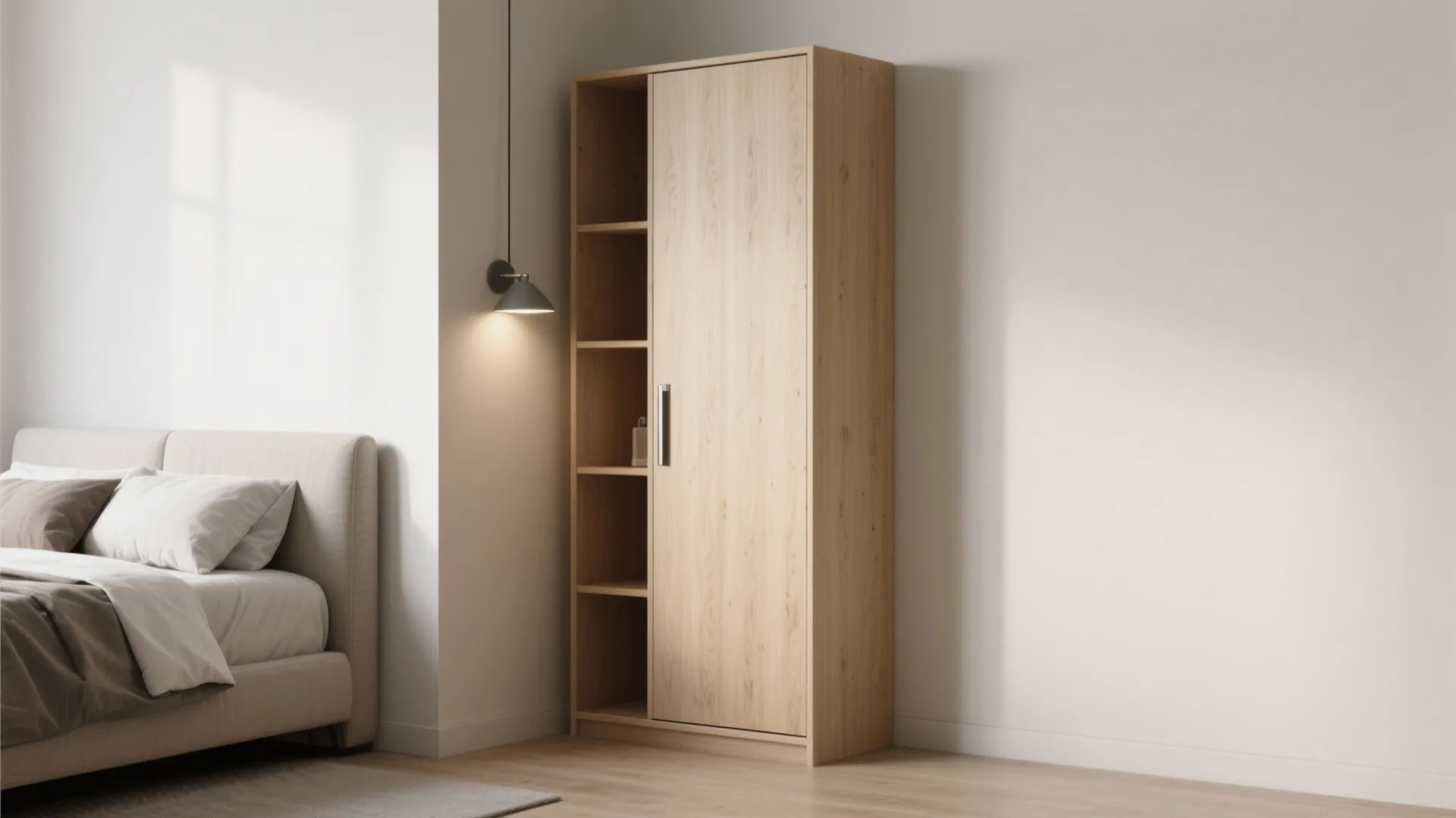 Tall wooden bedroom cabinet with open shelves standing next to bed with grey wall light