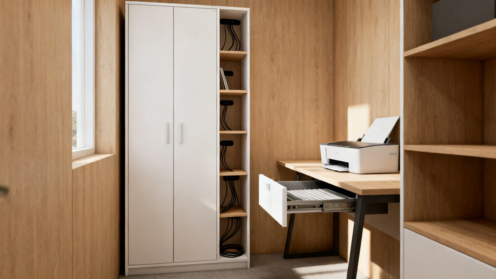 Slim vertical cabinet with pull-out printer shelf and cable management in a small office.