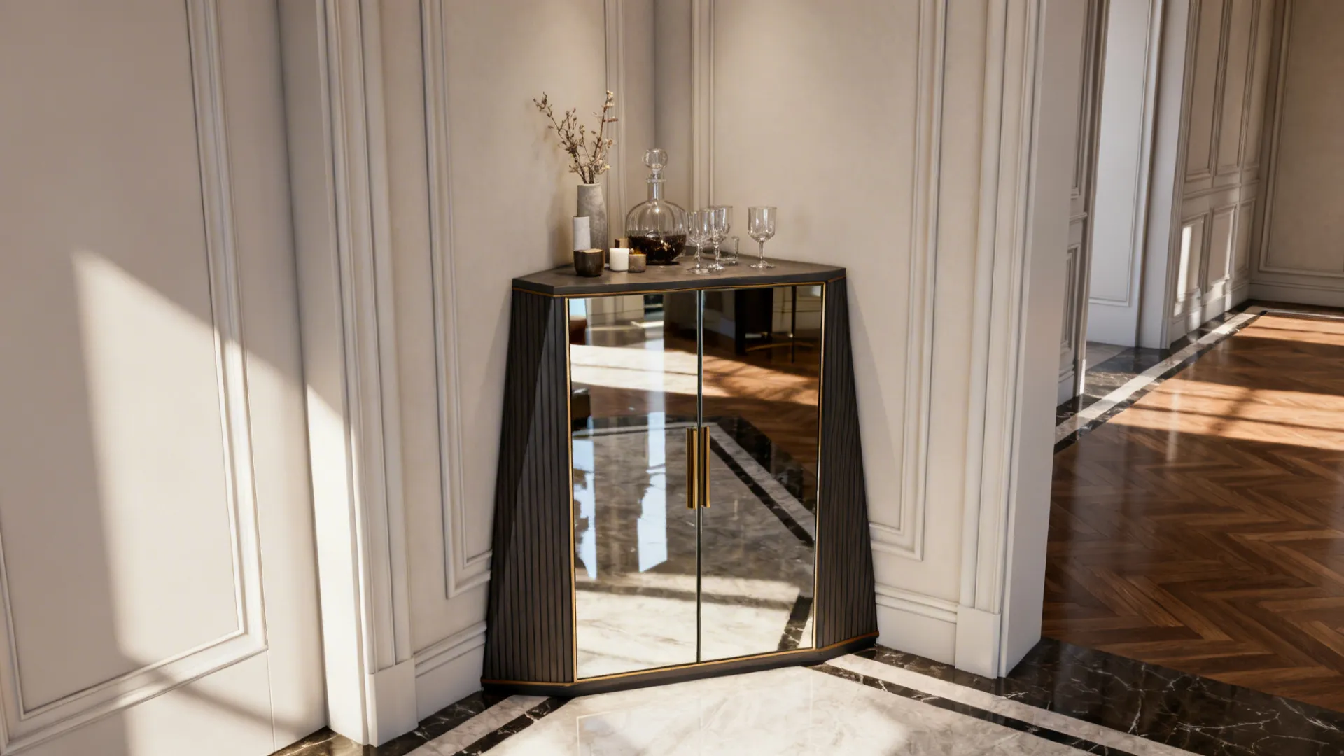 Modern mirrored corner cabinet with glass bottles and glasses placed in a bright hallway corner