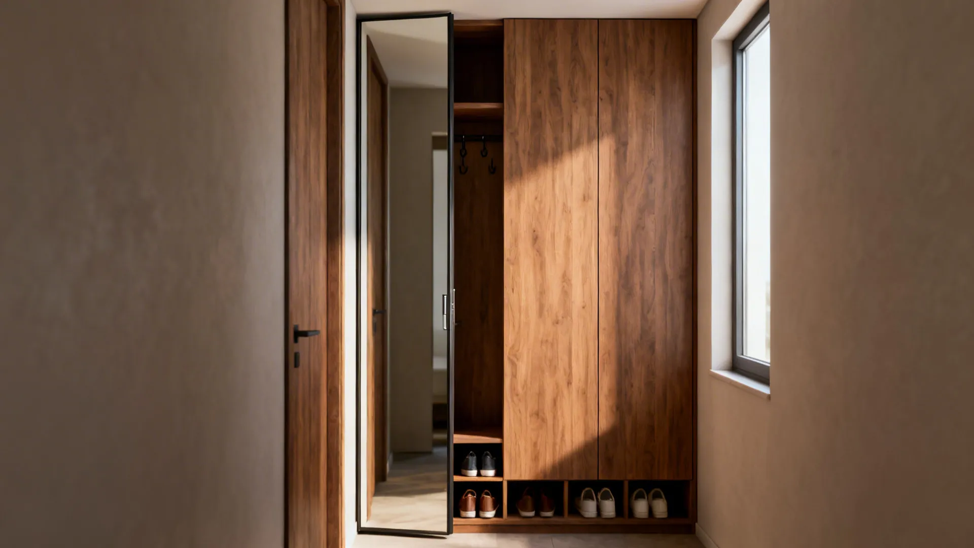 Slim floor-to-ceiling cabinet with mirrored door and shoe cubbies in a narrow entryway.