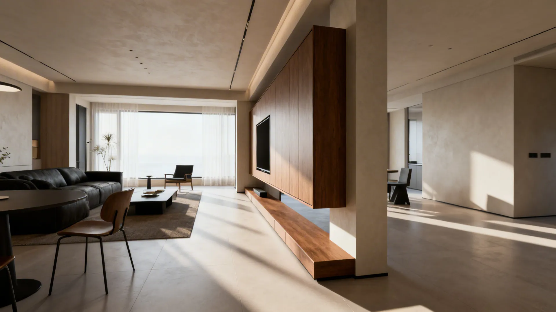 Open-plan living room with a slim floating cabinet attached to a pillar that continues as a low room divider.