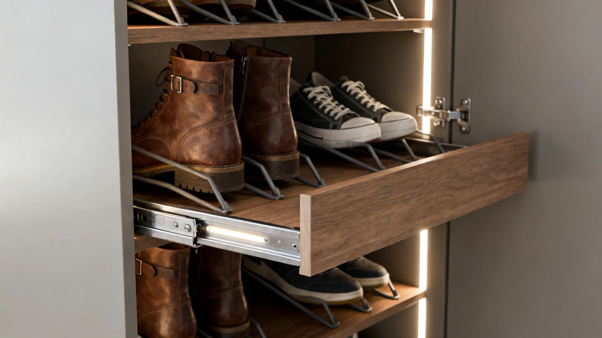 Interior view of a slim vertical cabinet with pull-out shoe shelves and neat storage
