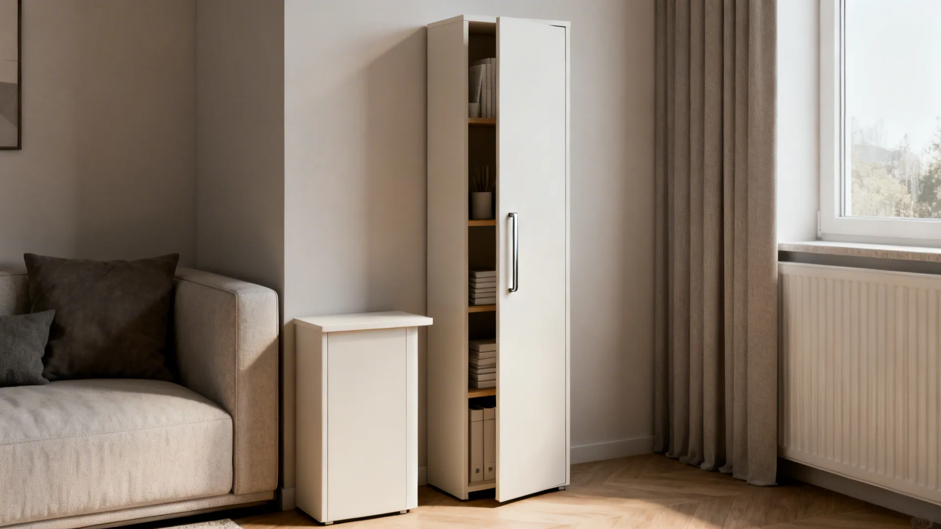 Slim cabinet side table with a door and internal shelf in a narrow living room.