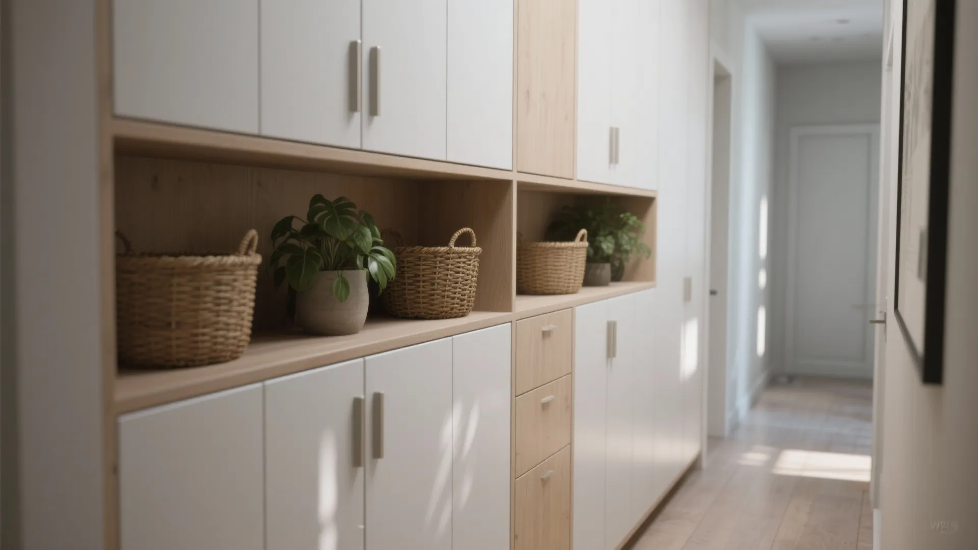 Modern white hallway cabinet with open wooden shelves containing woven baskets and small green plants