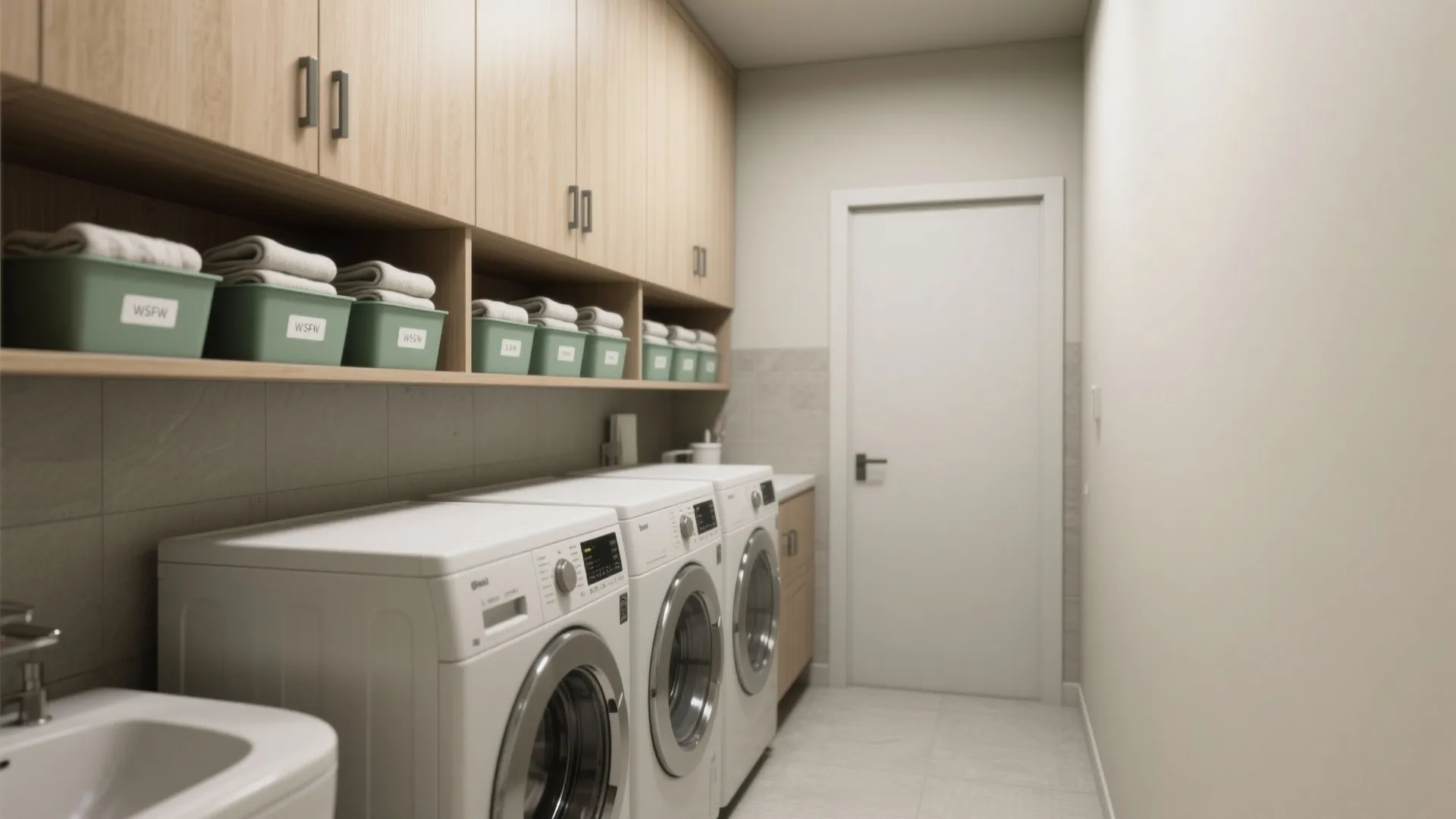 Clean laundry room with three white washing machines below wooden cabinets and green storage bins