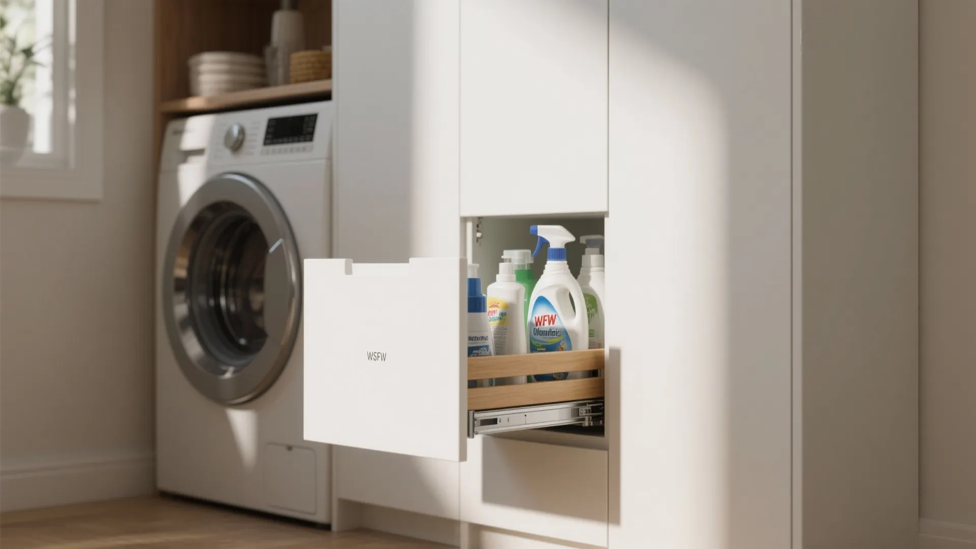 1. Vertical slim cabinets with labeled pull-out trays