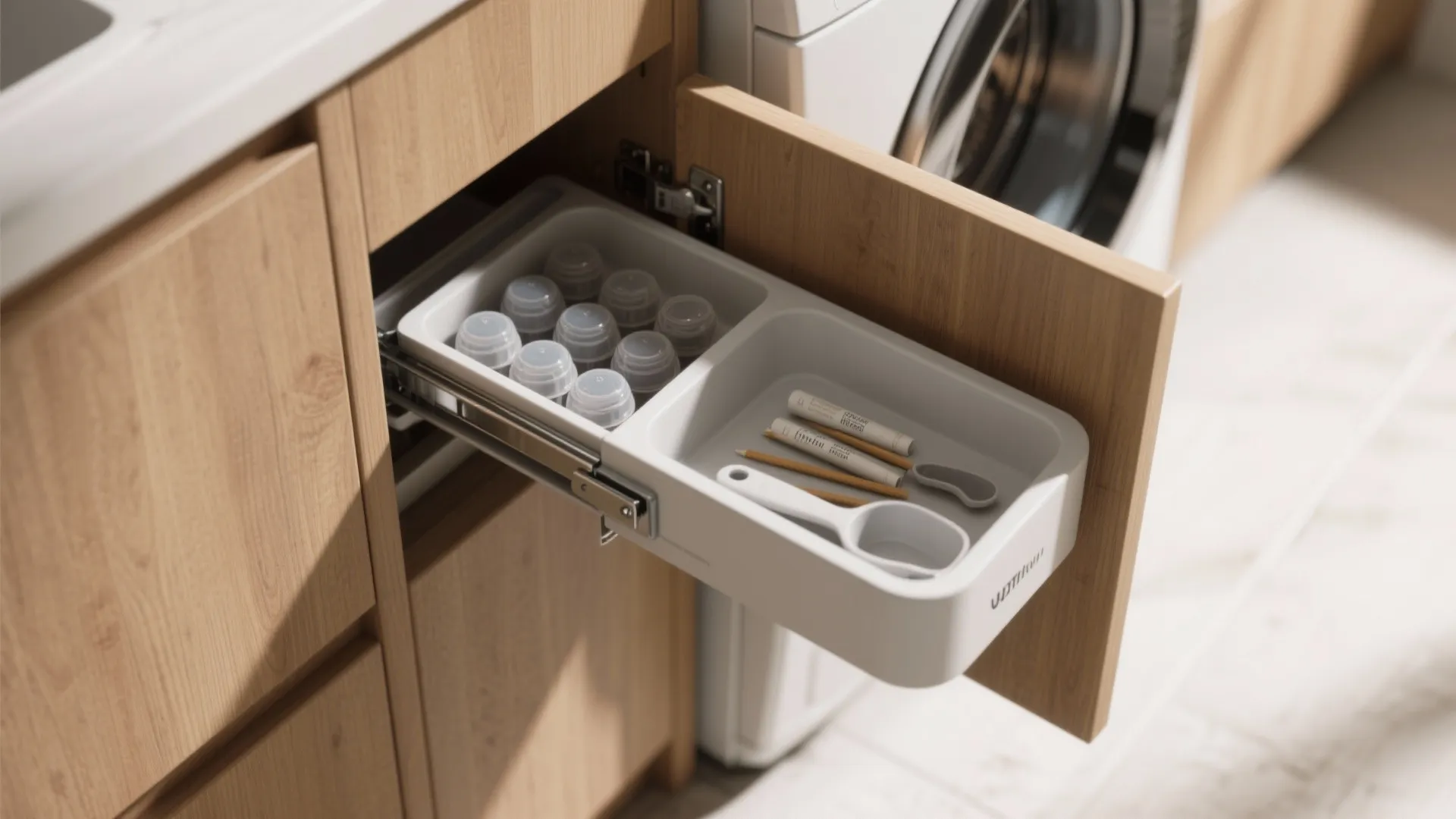 Pull out wooden cabinet drawer with white organizer containing small bottles and laundry cleaning tools
