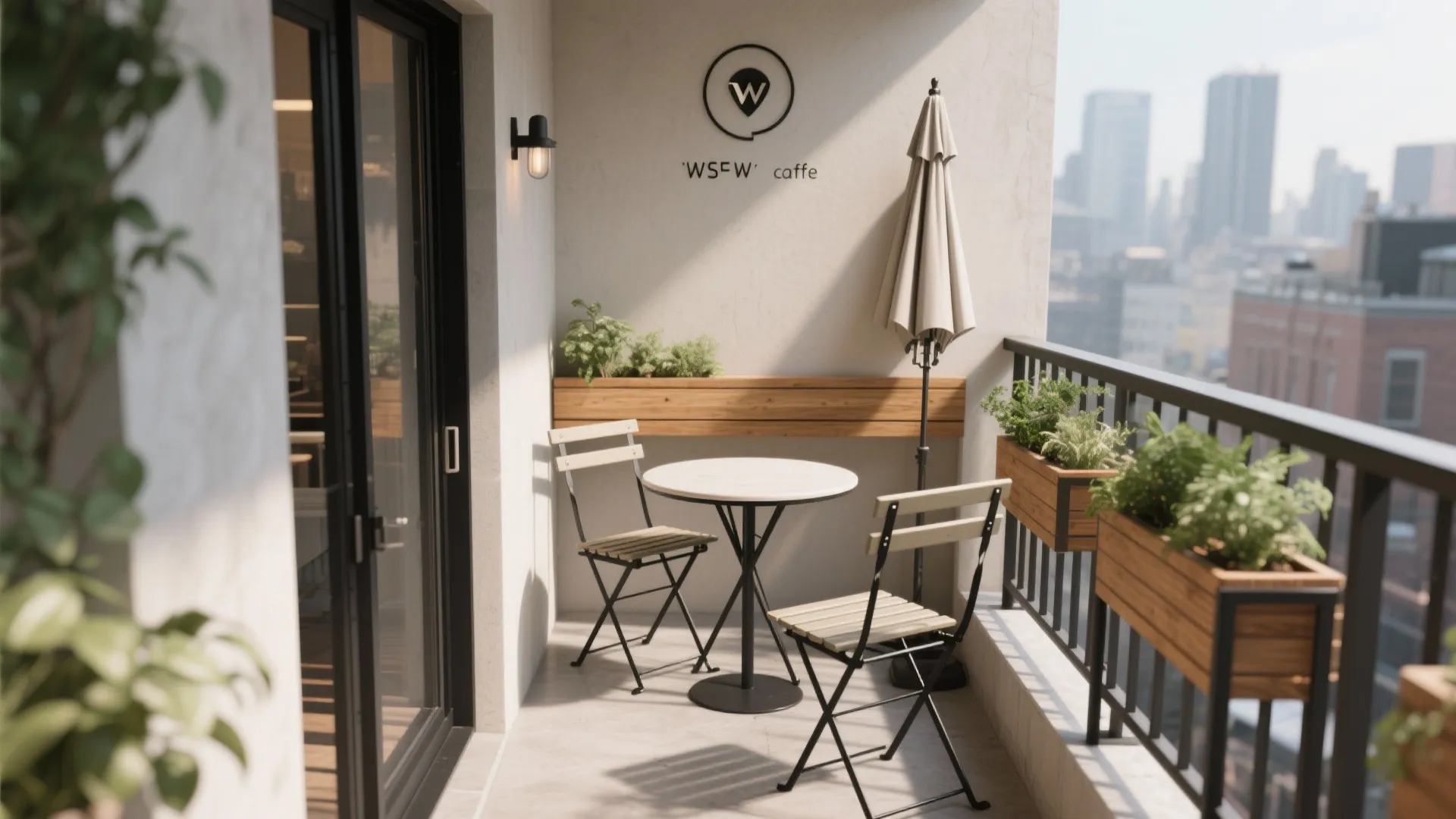 Small balcony cafe nook with round table chairs white umbrella wall light and city view