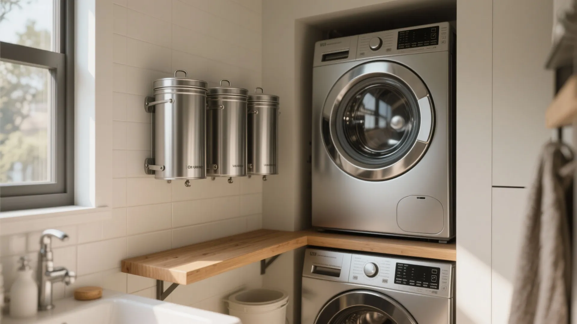 Three wall mounted metal canisters in a laundry room with a stacked washer and dryer
