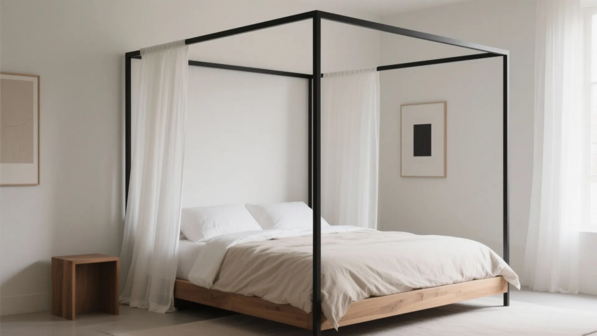 Minimalist bedroom featuring black canopy bed with white curtains and a small wooden side table