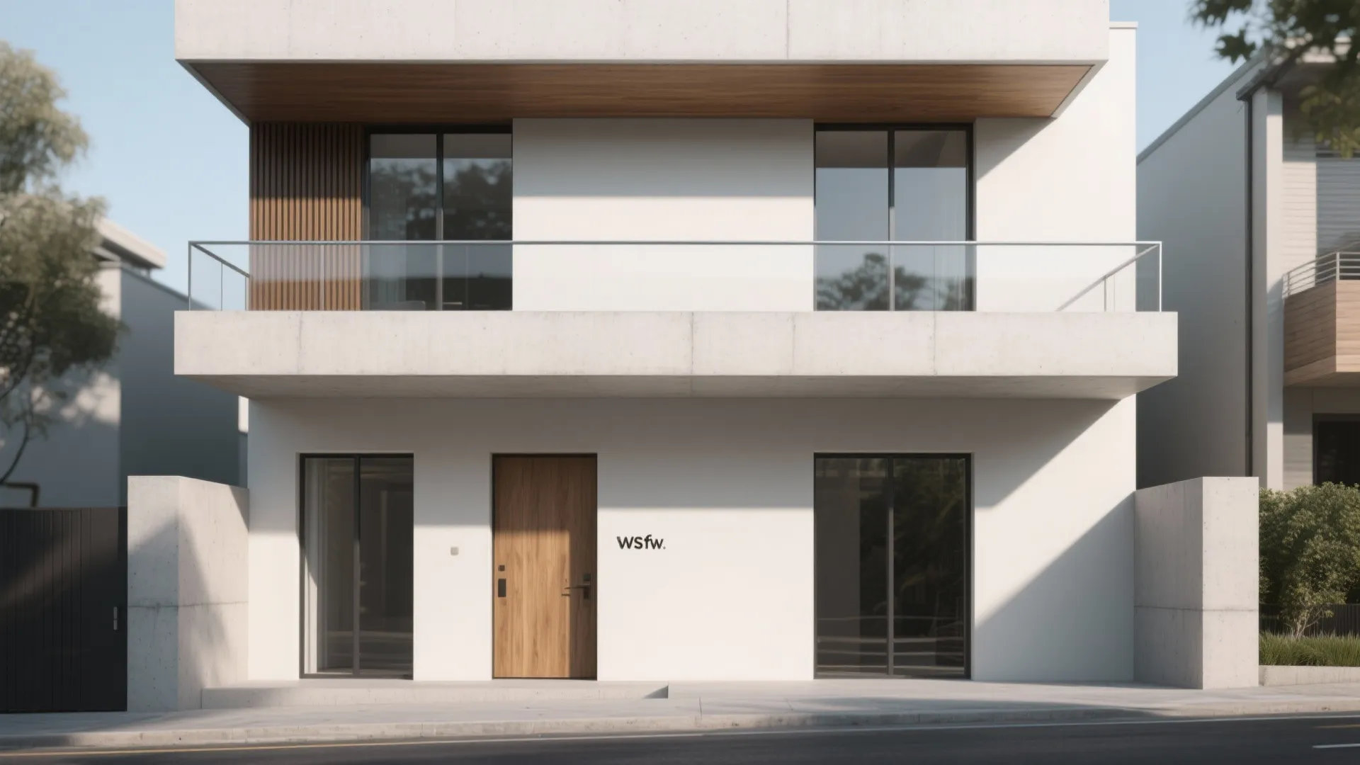Minimalist white house exterior with wooden door long balcony glass windows and simple concrete wall design