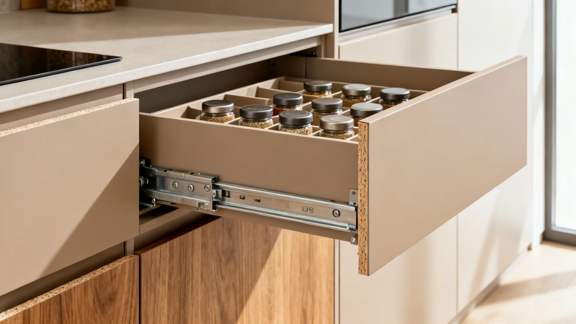 Macro view of a slim modular drawer with full-extension runners and matte handleless front.