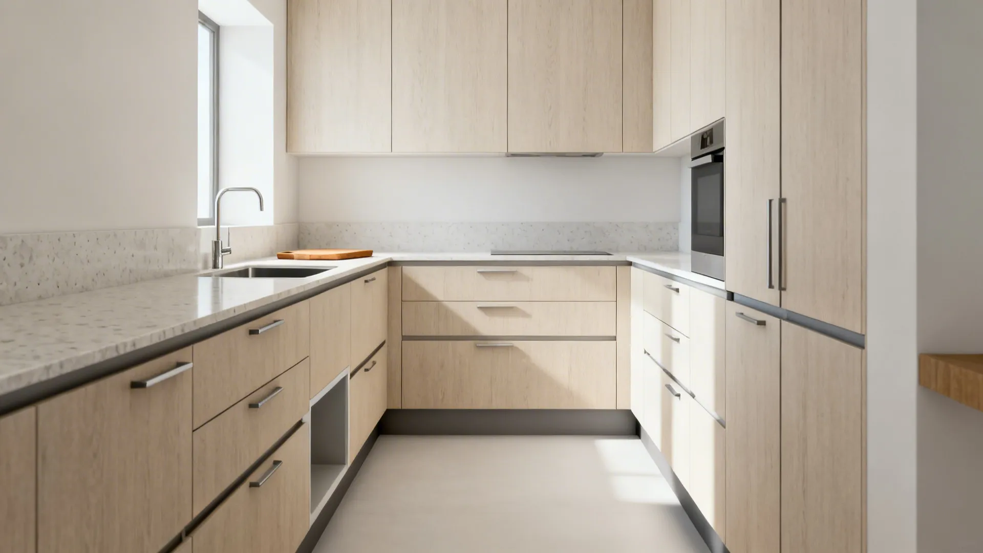 Minimalist galley kitchen with slim 16–18 mm cabinet carcasses and integrated pulls.
