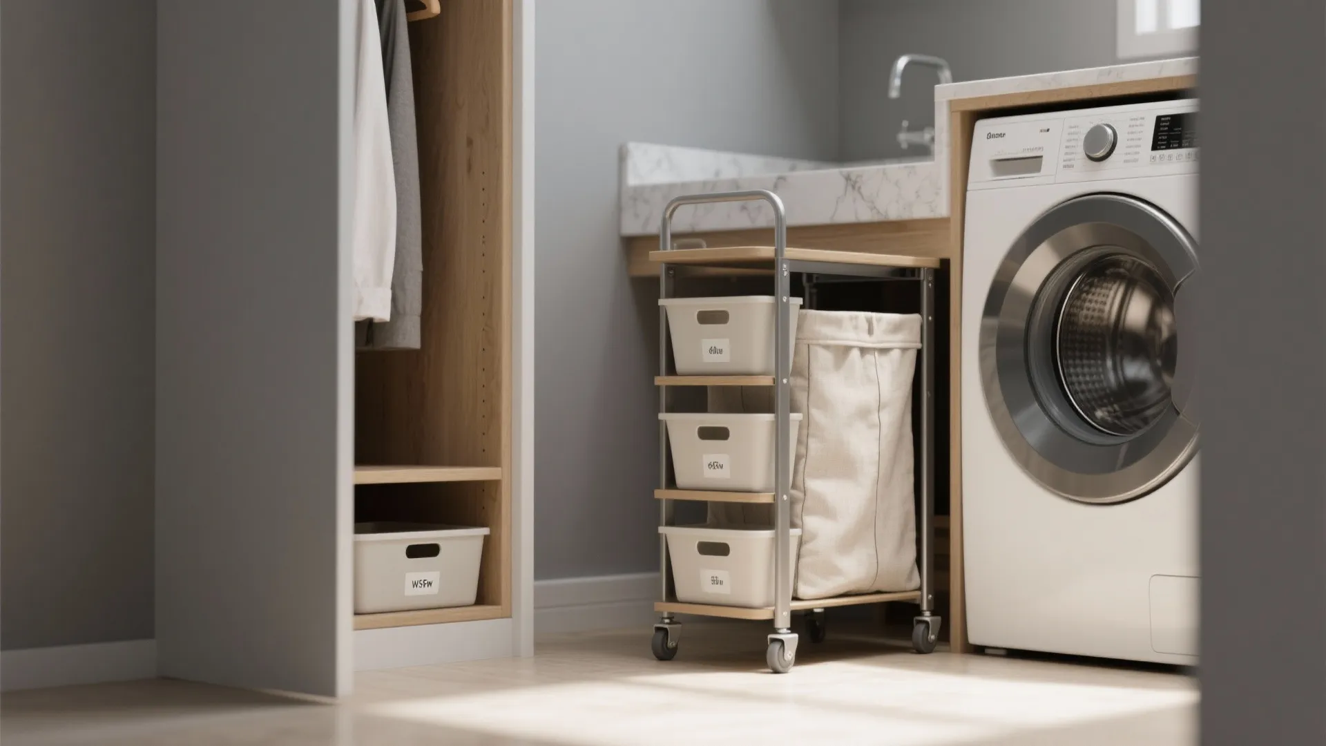 Slim 6-inch rolling cart beside a front-loading washer and a slide-out hamper under the countertop.