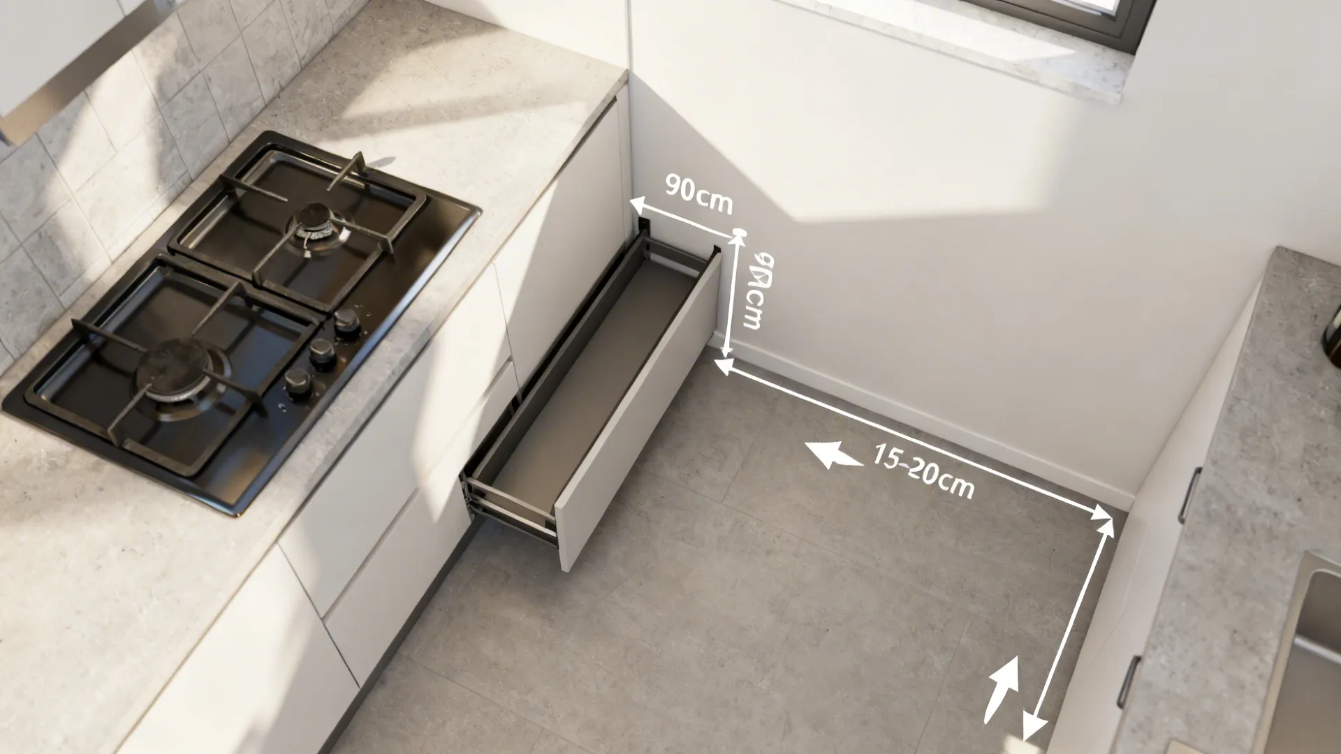 Top-down view of a slim pull-out trolley sliding into a narrow kitchen gap.