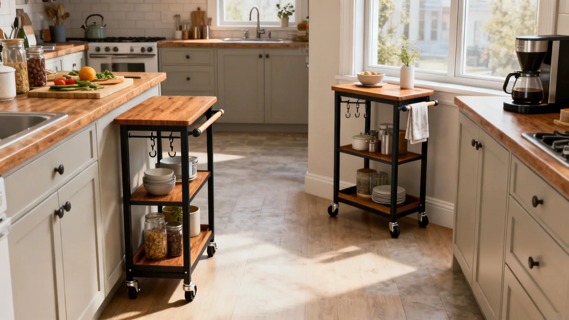 Two wooden top rolling carts with black metal frames in a sunny white kitchen room