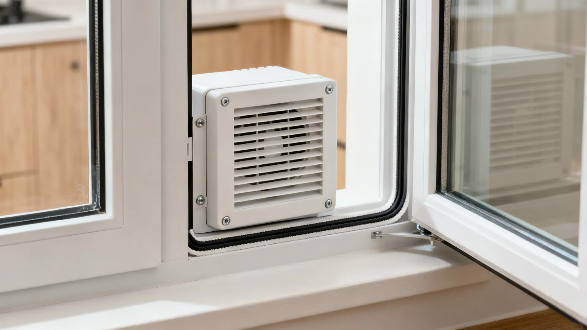 Close-up of a slim louvered exhaust fan mounted in a corner window sash.