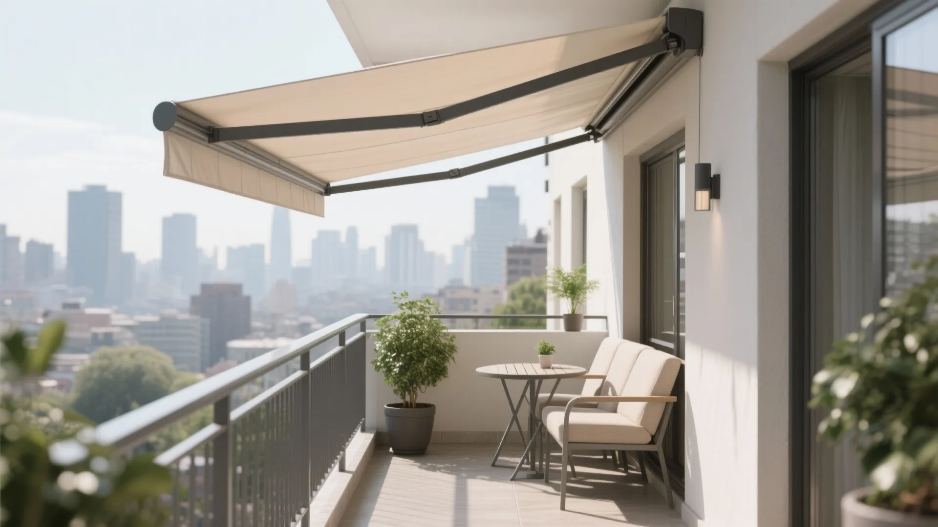 Large retractable beige awning covering a sunny balcony with small table chairs and city buildings