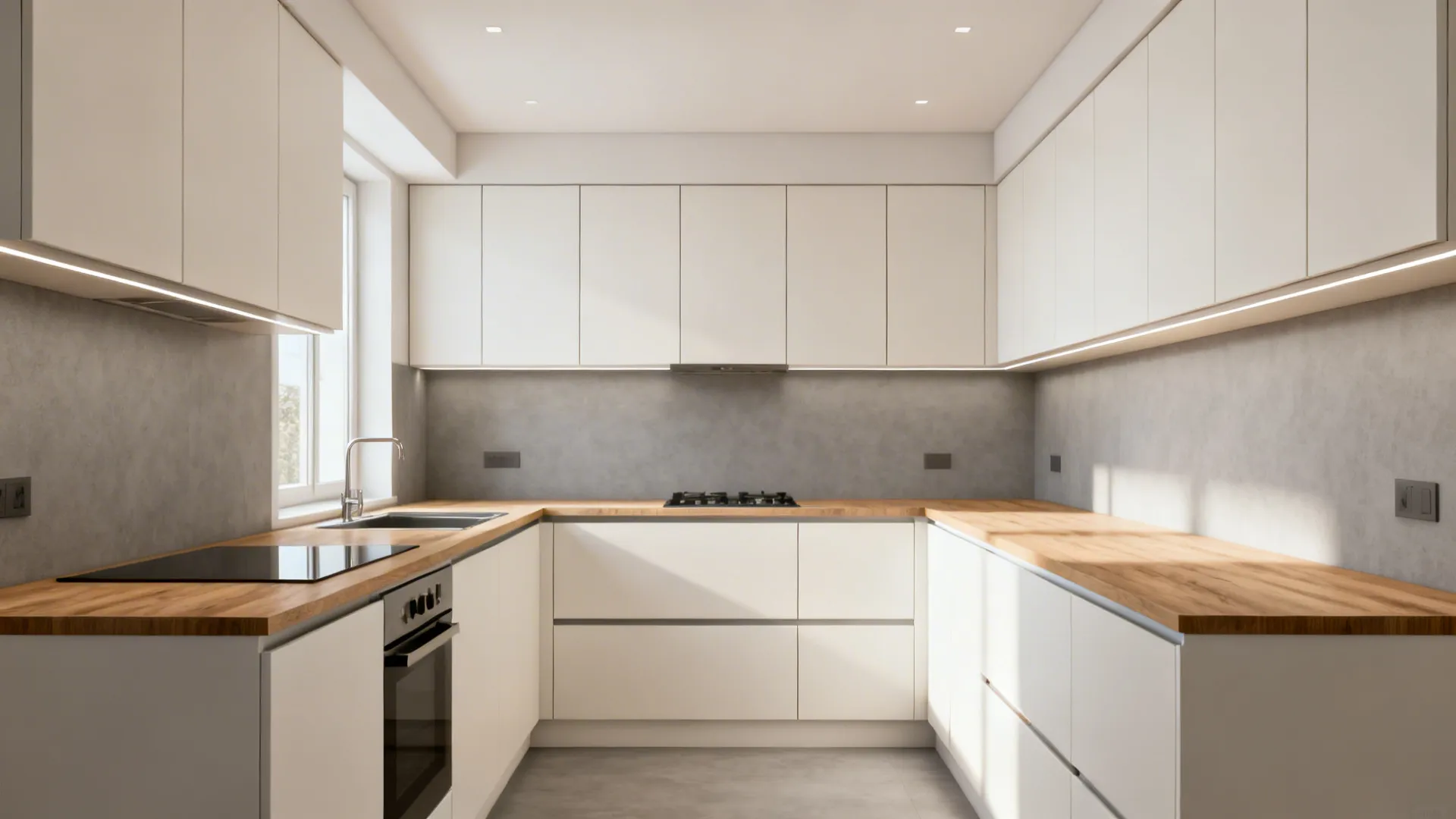Ceiling-height shallow wall cabinets in a compact kitchen with a flush top line and narrow frames.