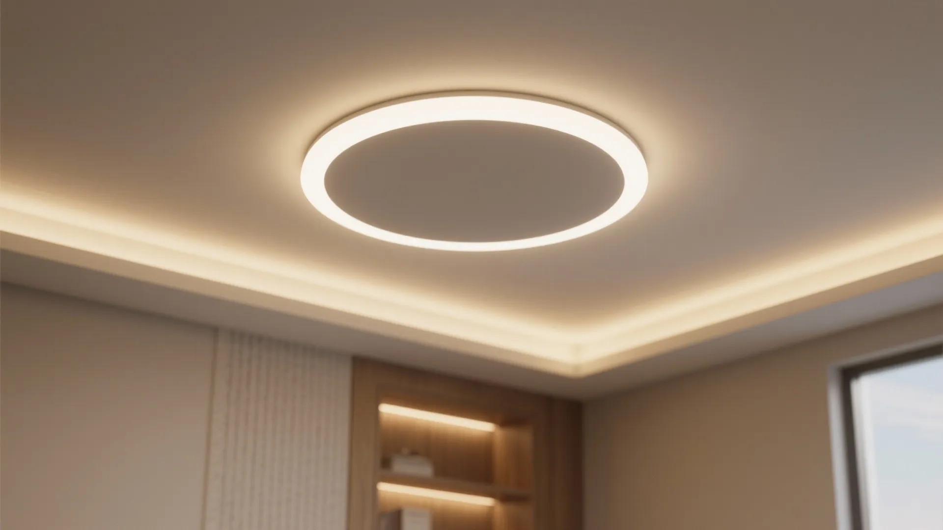 Modern white round ceiling light fixture with soft warm glow in a clean minimalist room