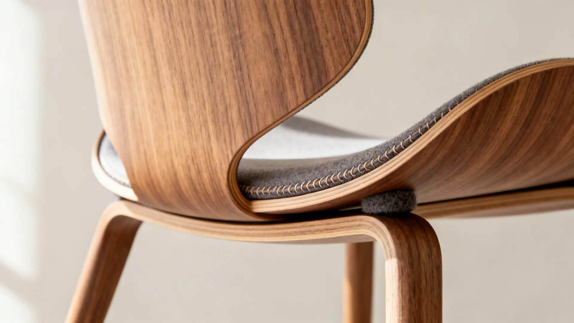 Macro of a slim curved plywood chair with cushioned seat and felt glides for quiet movement.