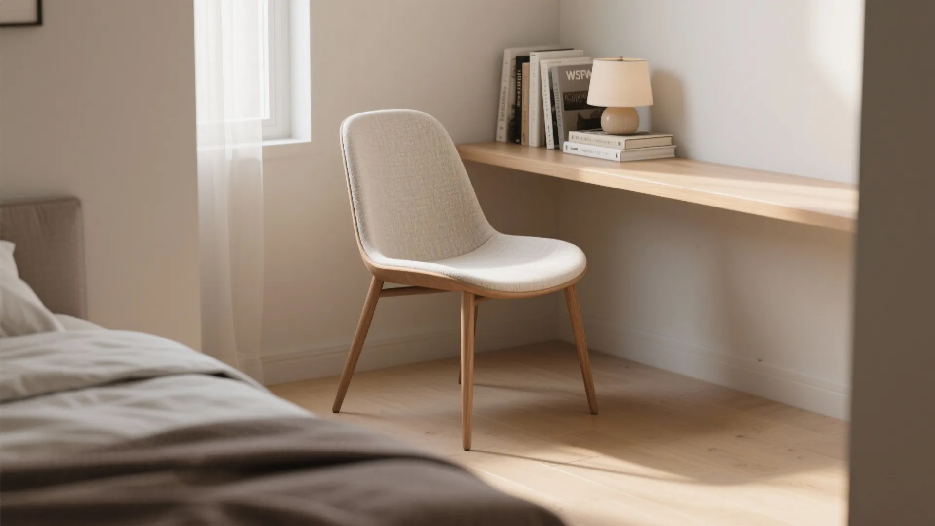 1. Slim Profile Accent Chair with Floating Shelf