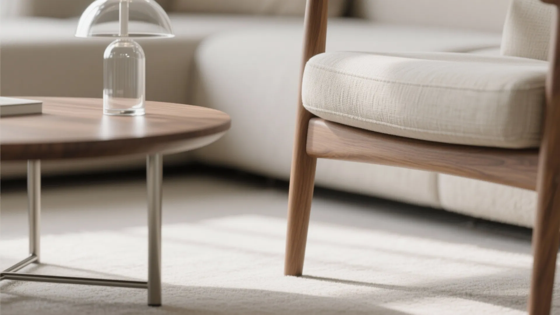 Macro detail of slim armless chair, rounded oak table edge, and linen textures in soft light.