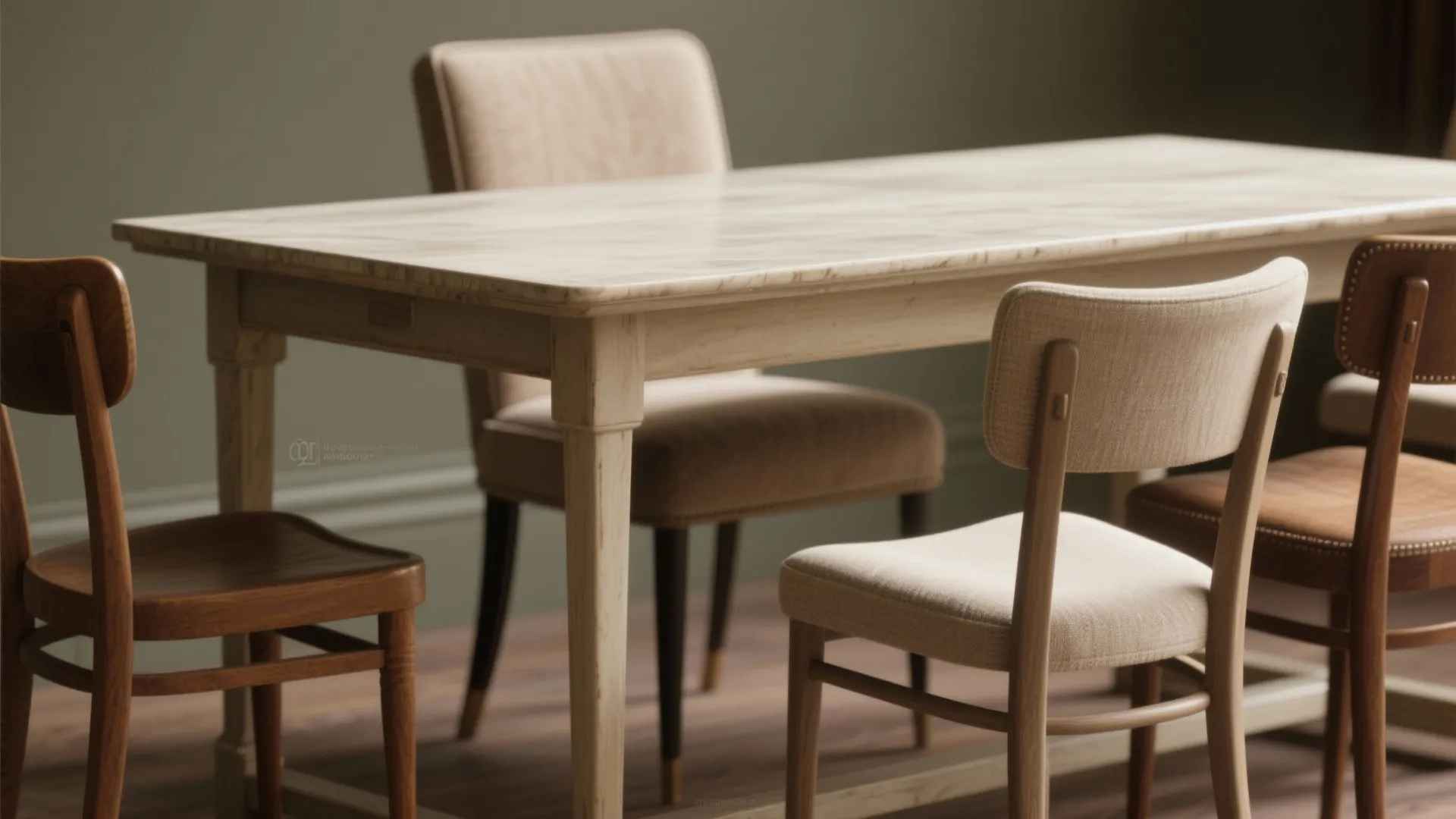Close up view of wooden dining table surrounded by different styles of simple wooden chairs