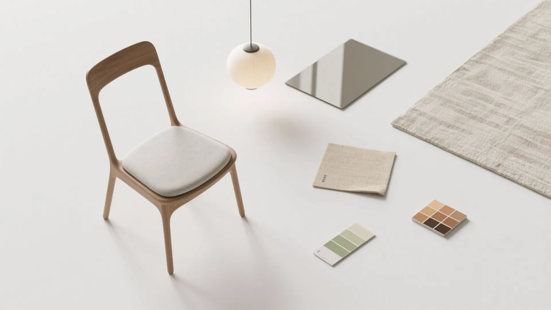 Flatlay of slim armless chair profile, seat pad, pendant lamp sample, mirror fragment and fabric swatches for a compact dining scheme.
