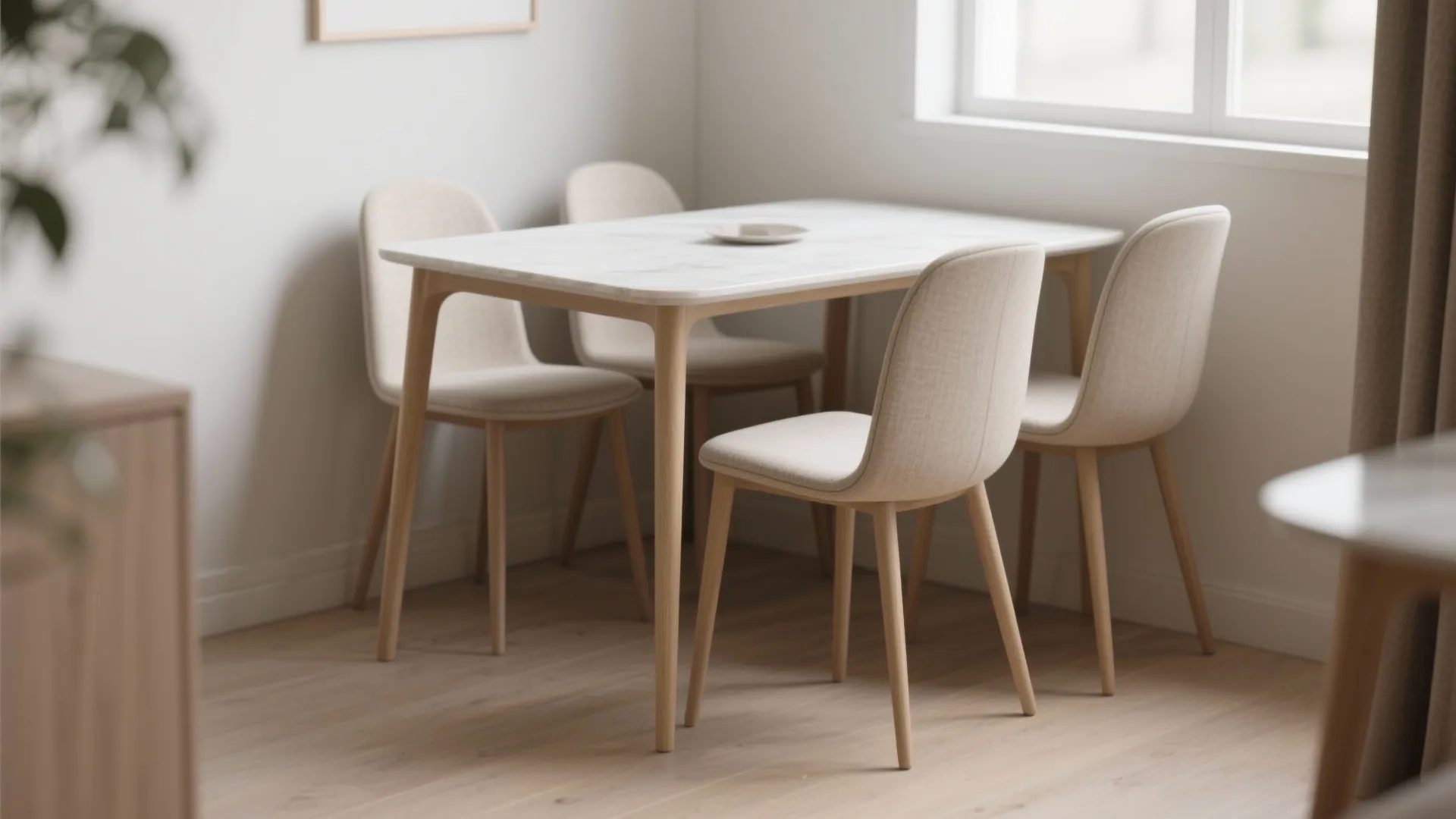 Minimalist dining room with white marble table beige upholstered chairs wooden legs and natural sunlight