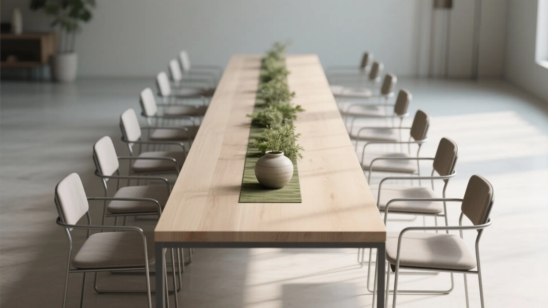 Narrow oblong table with slim metal-framed chairs and a low, long centerpiece runner emphasizing length.