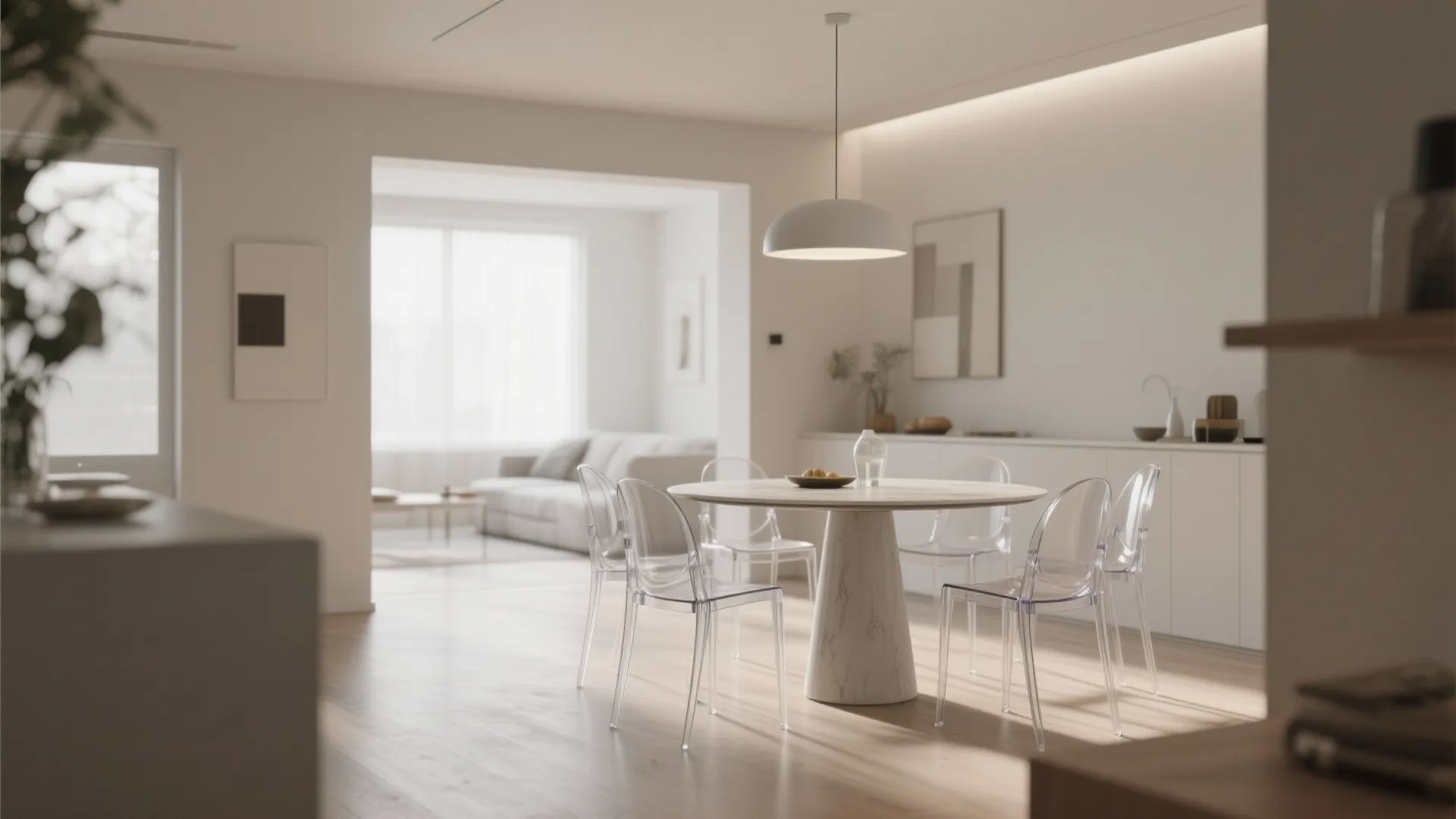 Transparent slim chairs surrounding a small dining table