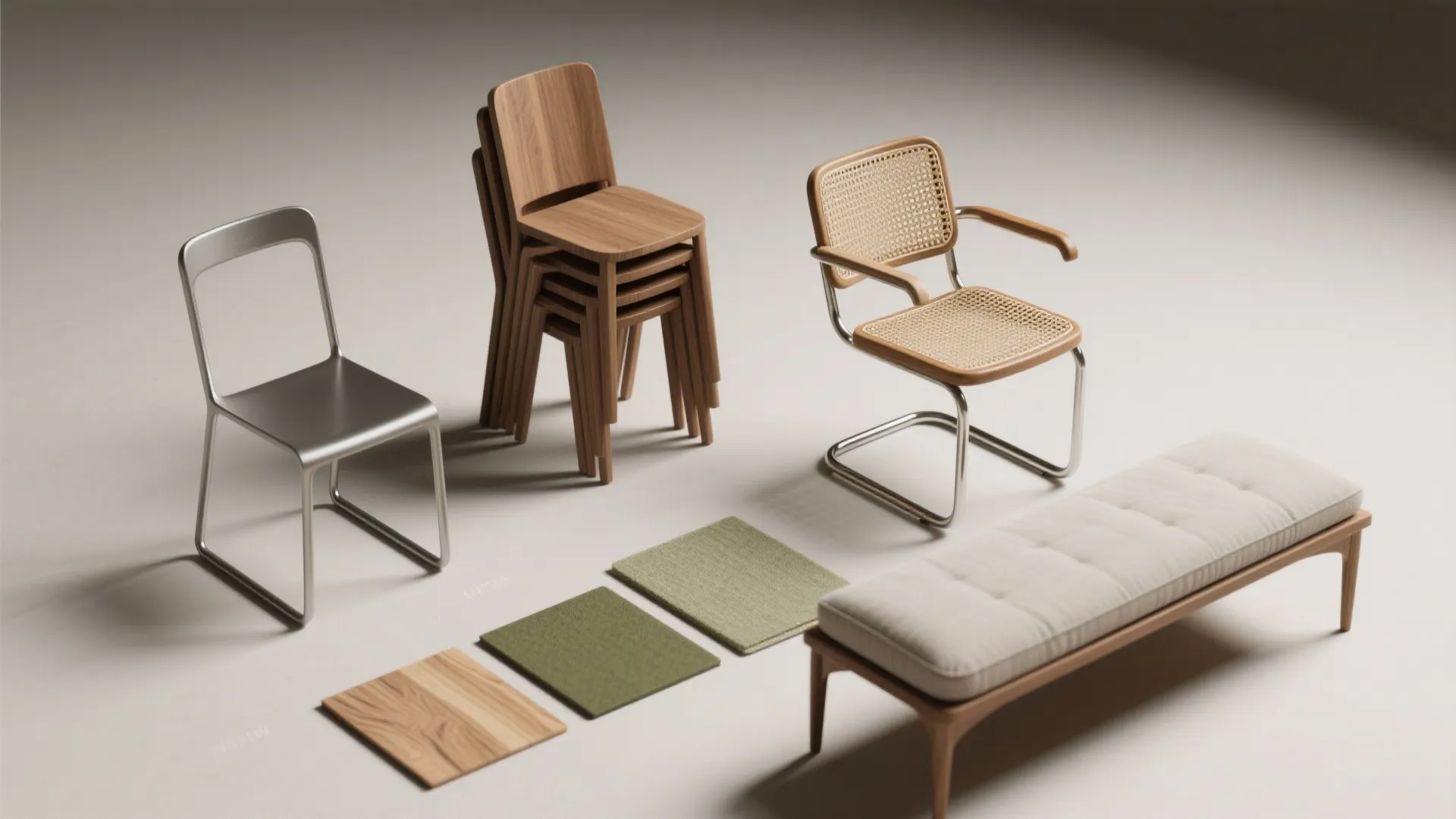 Modern furniture collection with wooden stackable chairs, metal chair, woven armchair, and long padded bench