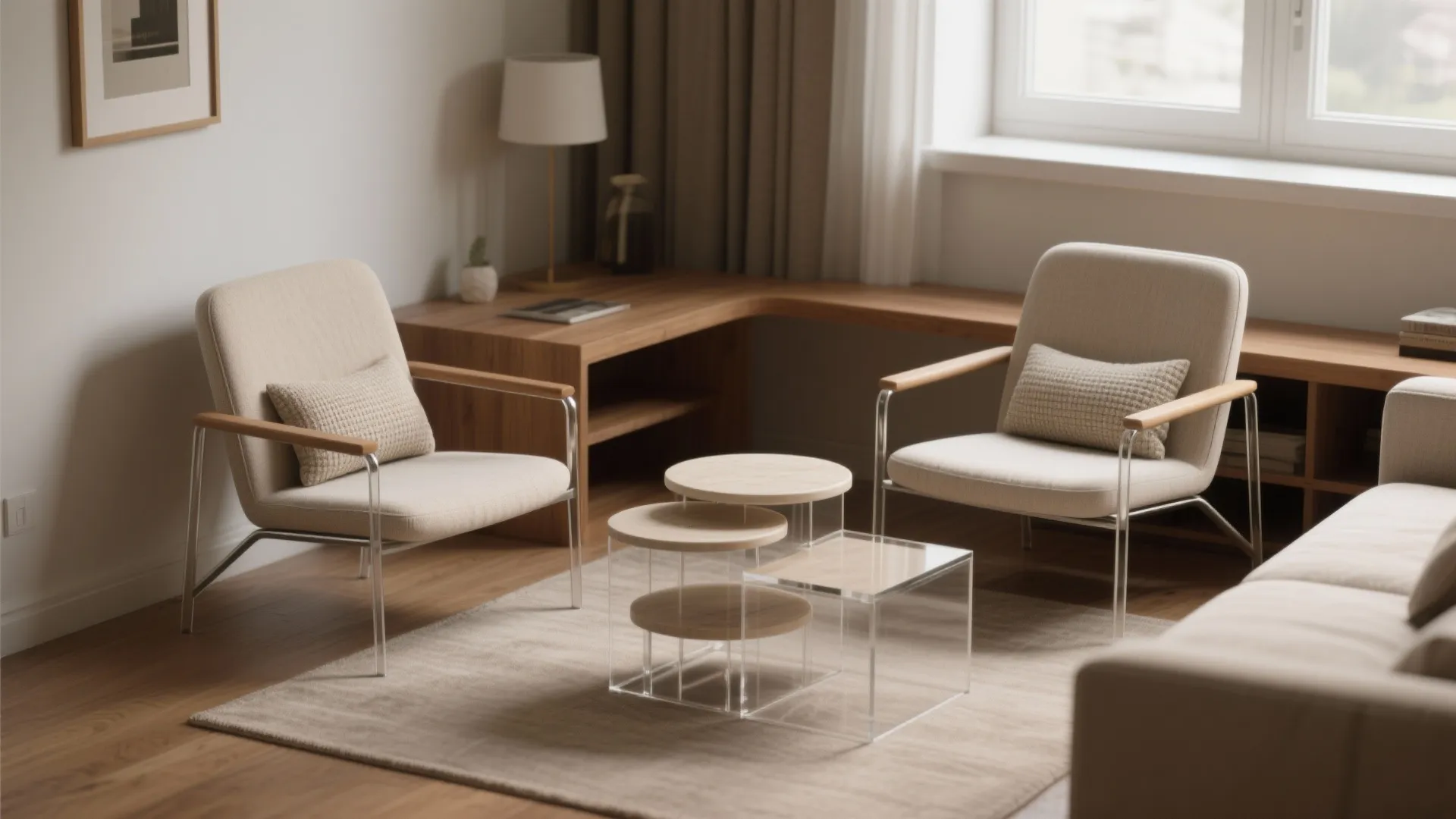 Modern living room interior with two beige chairs wooden desk and transparent nesting coffee tables