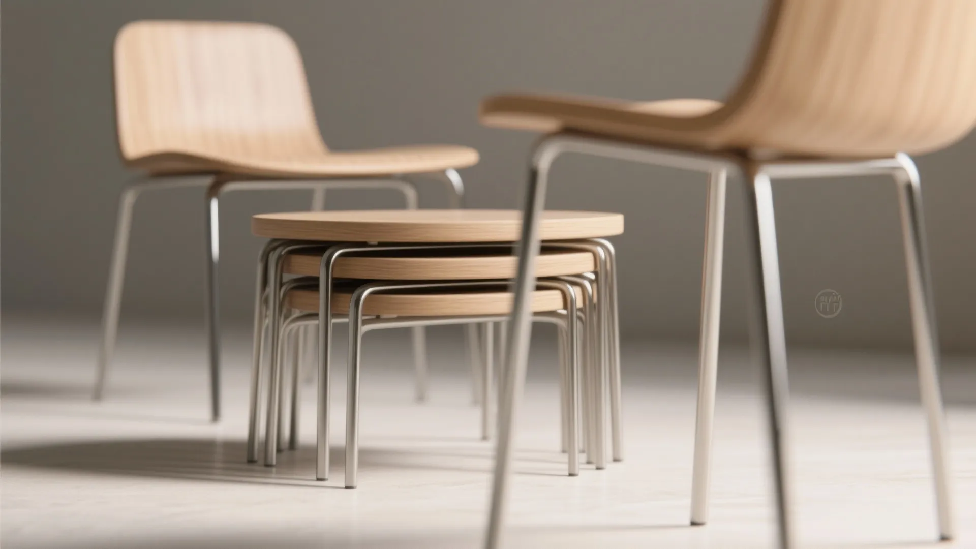 Set of stackable wooden chairs with metal legs placed on a floor with neutral background