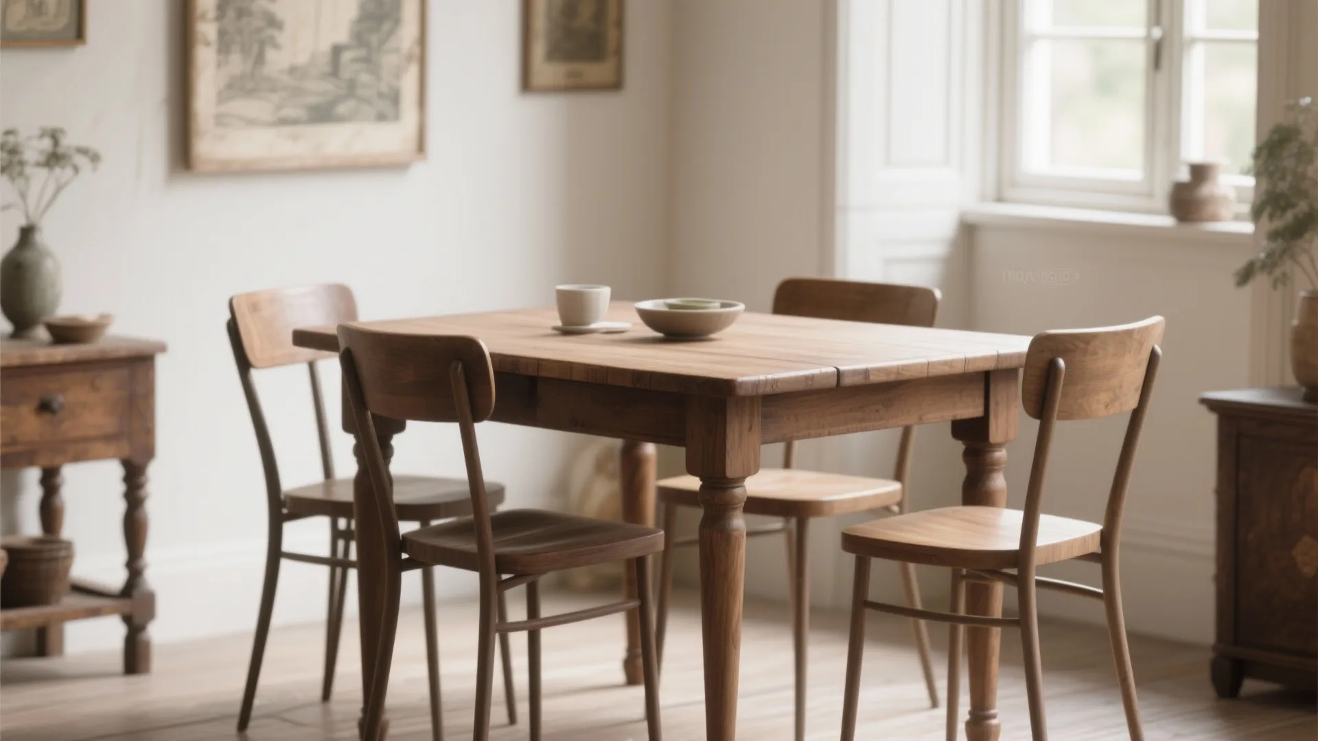 1. Pair the antique table with slim modern chairs